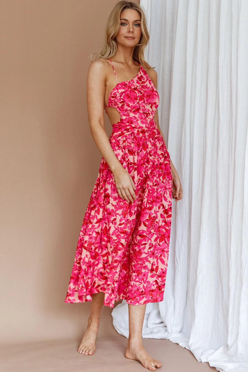 Destination Open Back Midi Dress Floral Pink