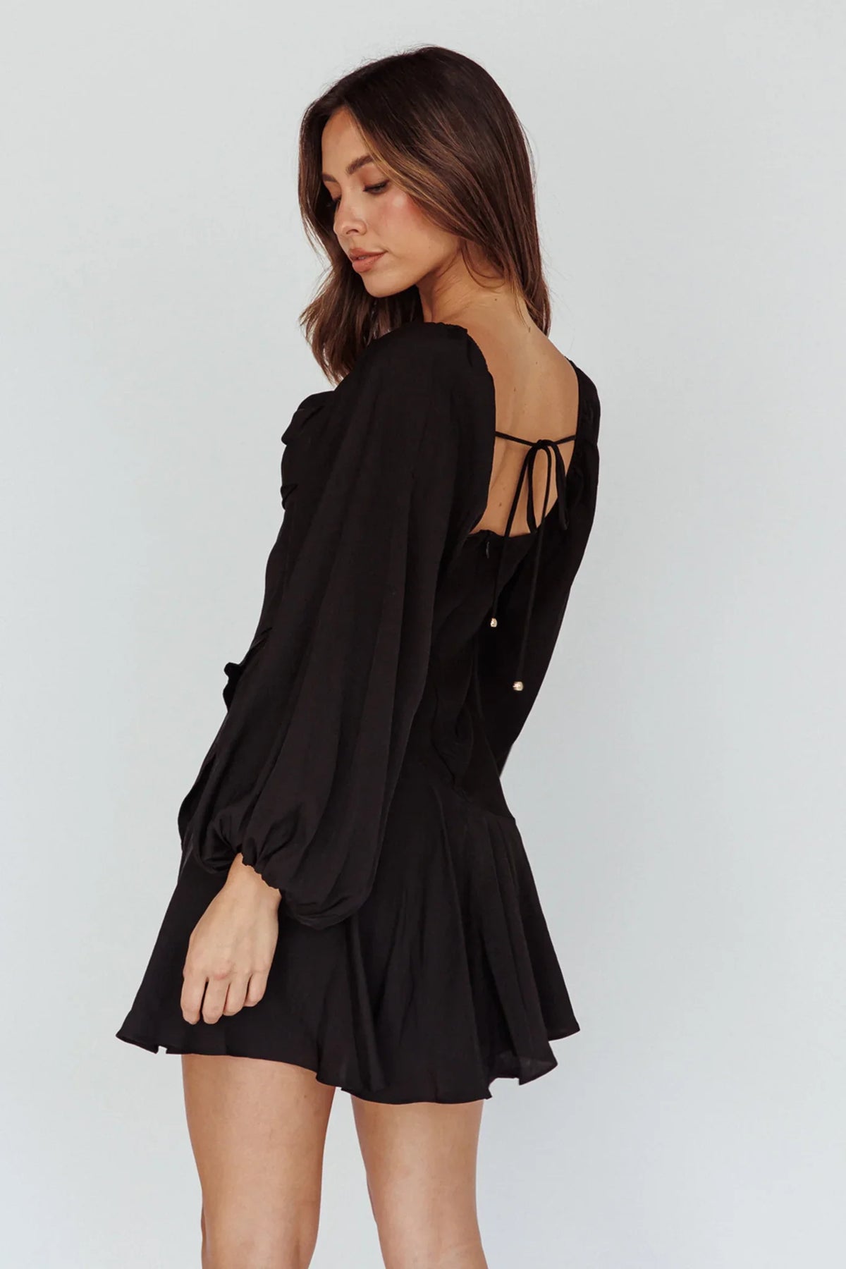 Beaujolais Long Sleeve Cowl Neckline Ruffle Satin Mini Dress Black
