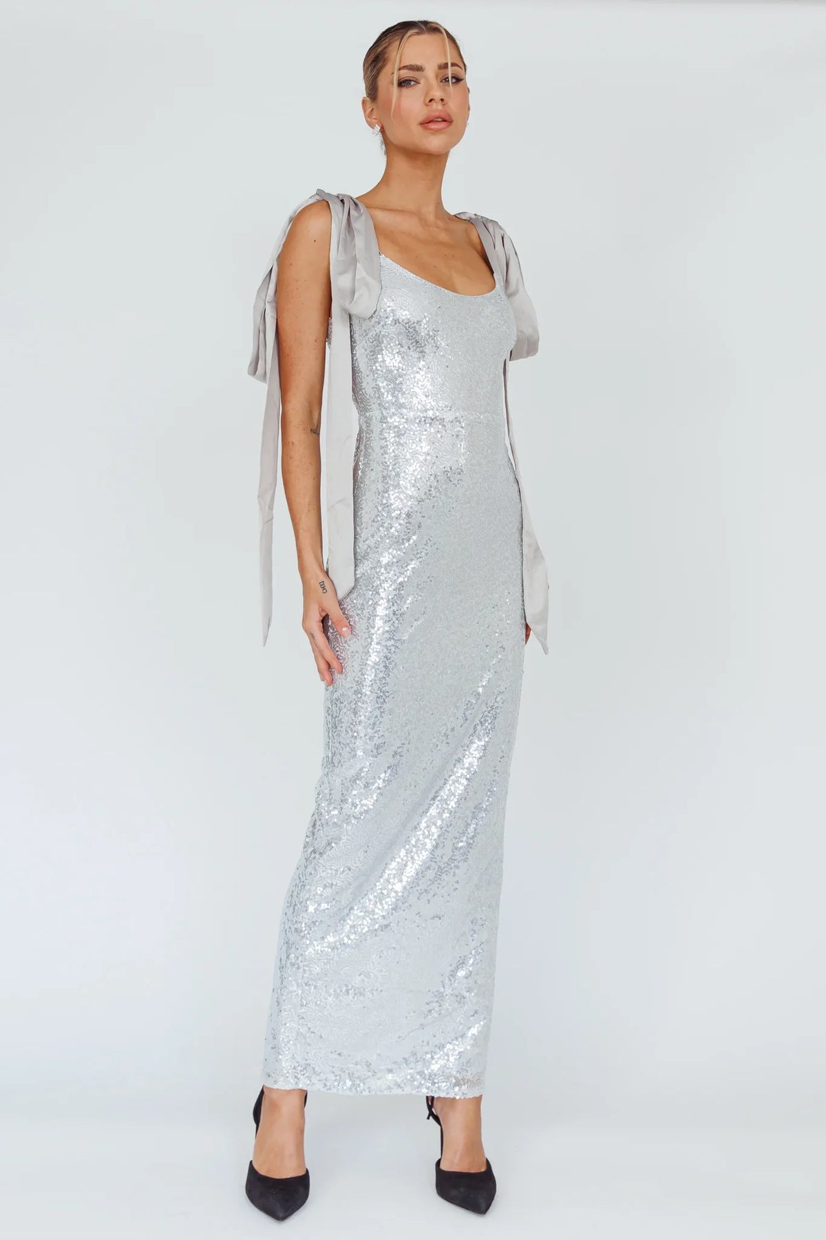 Birthday Wish Tied Shoulder Sequin Maxi Dress Silver