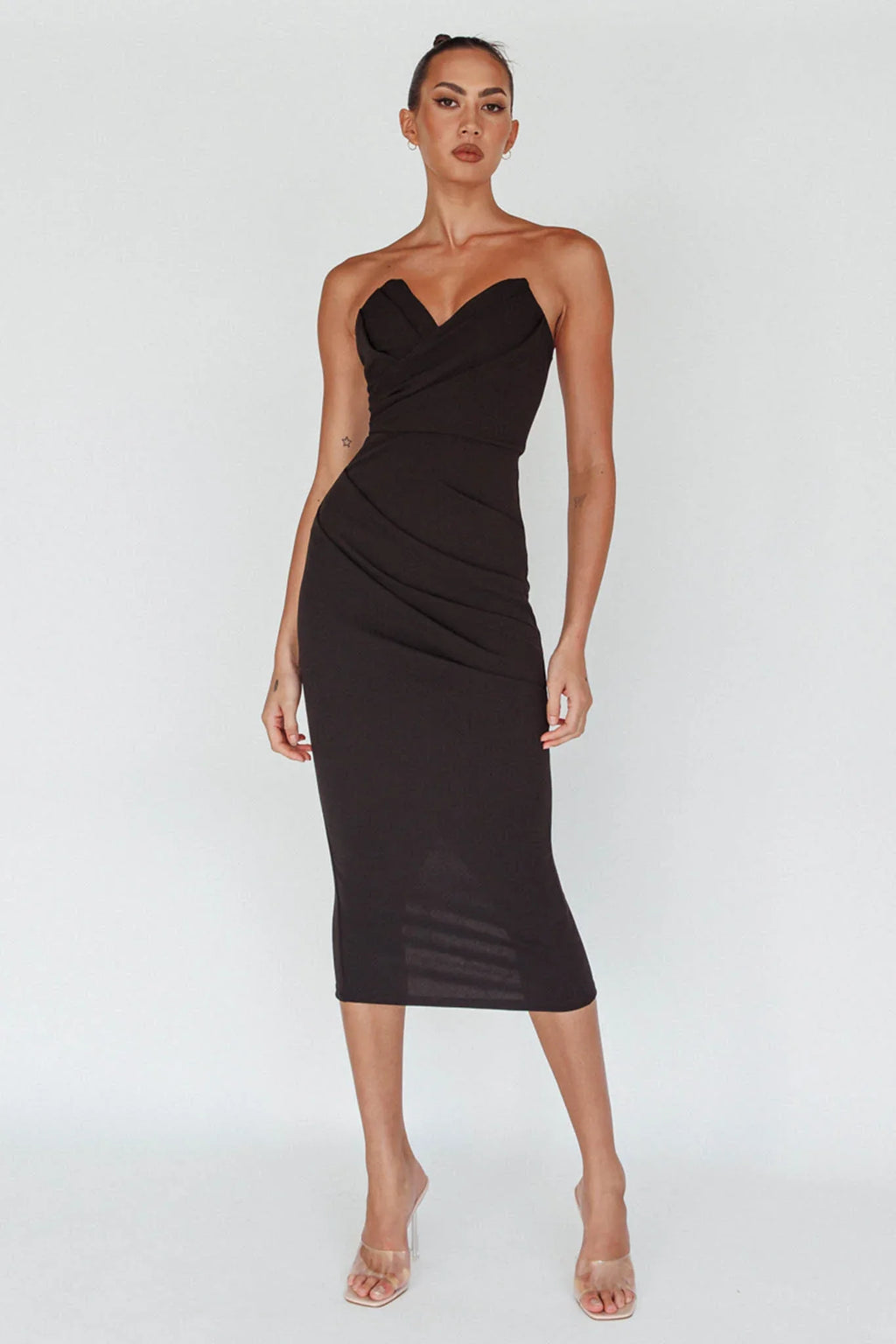 Yours Alone Gathered Detail Midi Dress Black