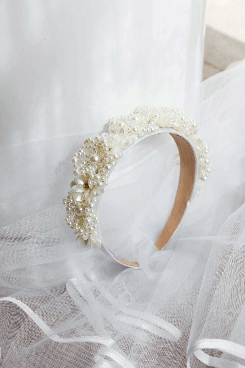Floral Pearl Wide Headband White
