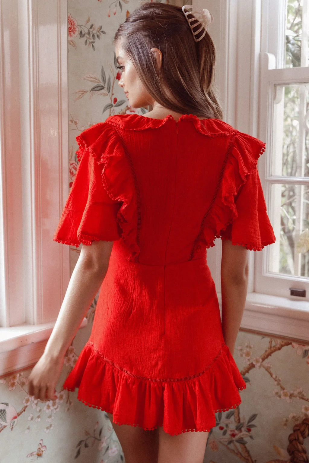 Shay Ruffle Lace Trim Mini Dress Red