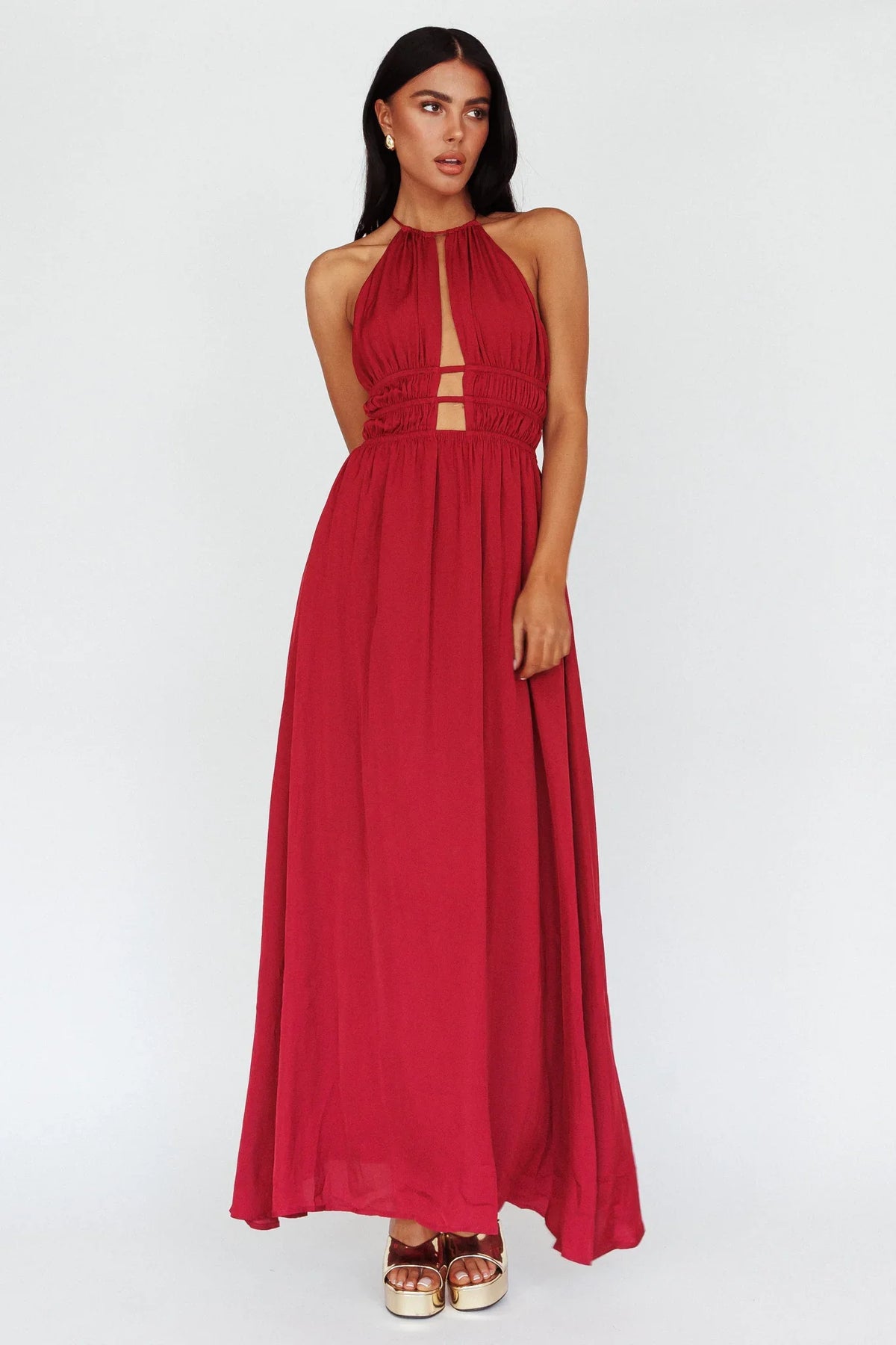 Cyndi Open Back Halterneck Maxi Dress Wine