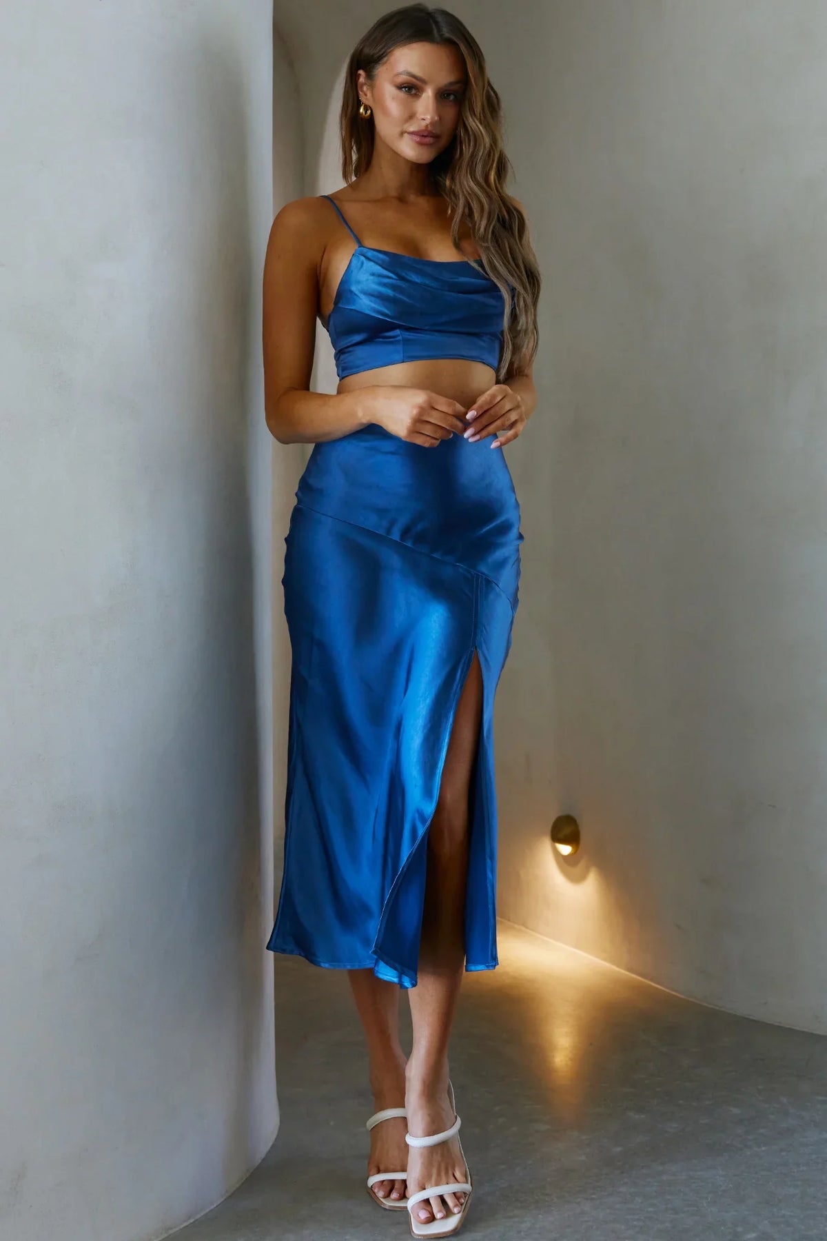 Well Versed Split Midi Skirt Navy