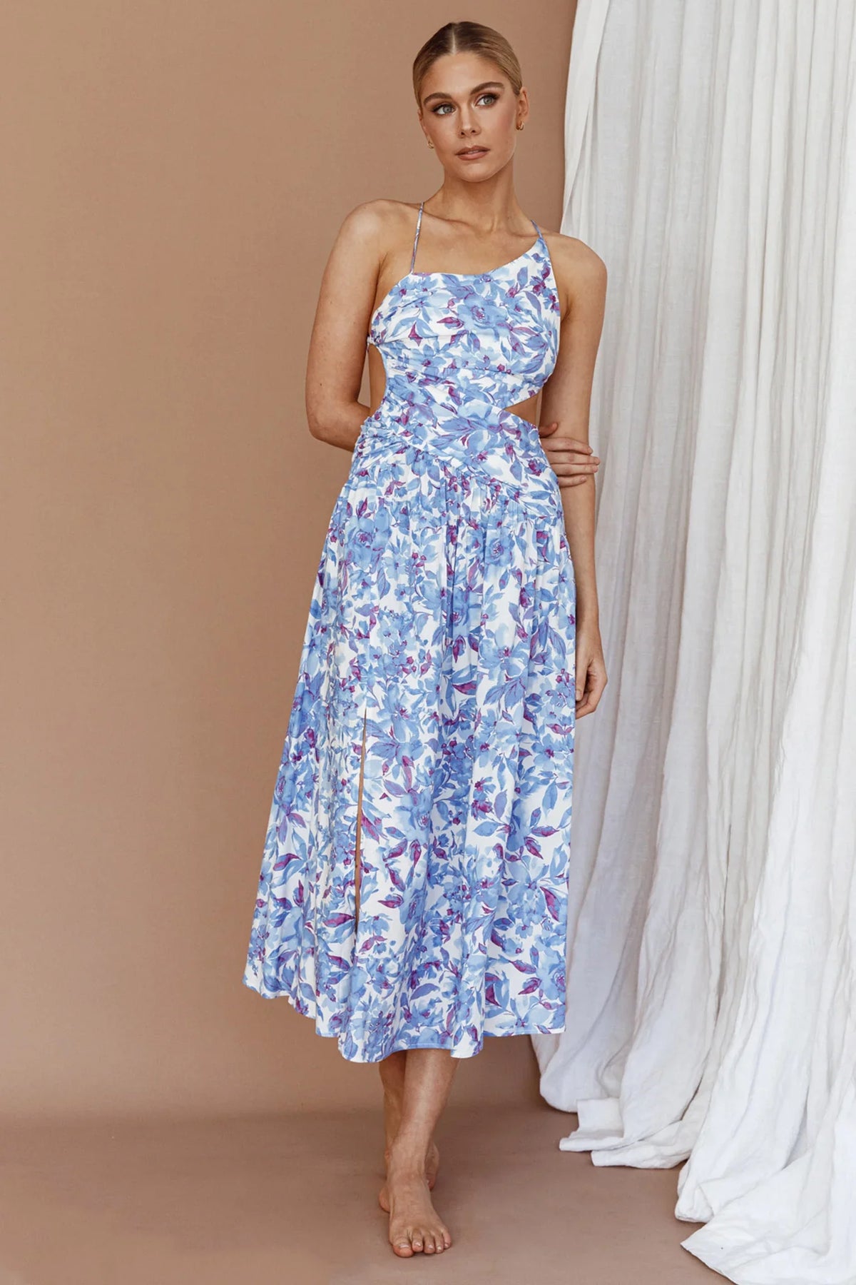 Destination Open Back Midi Dress Floral Blue