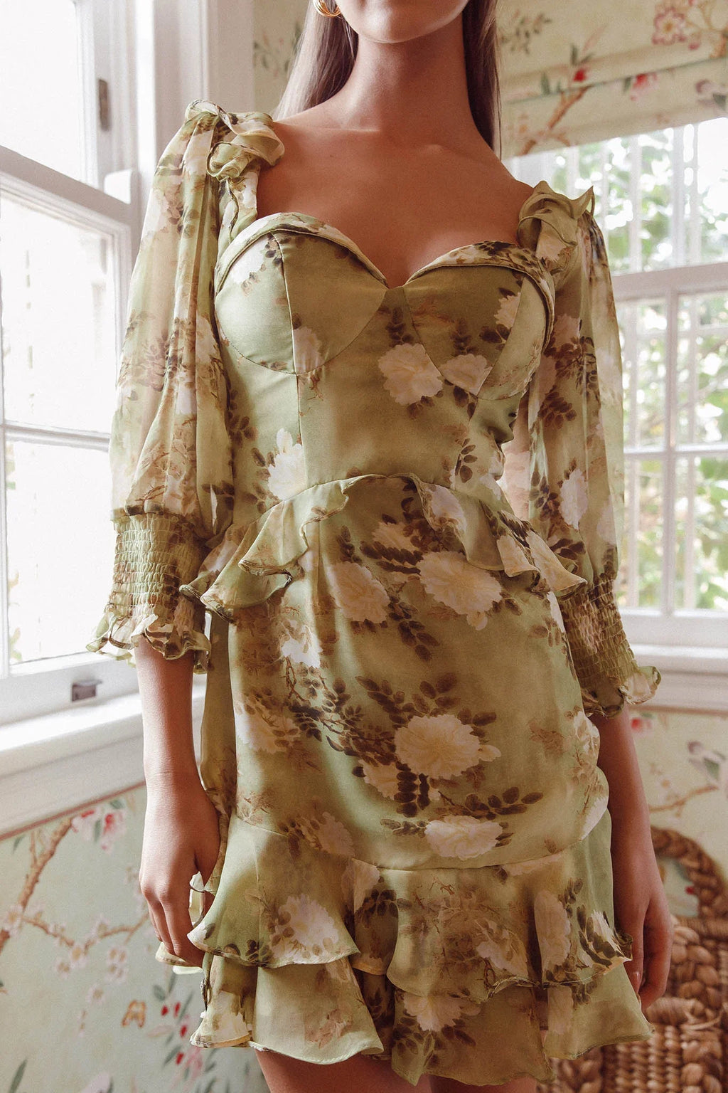Desiree 3/4 Sleeve Sweetheart Neckline Frill Dress Floral Green