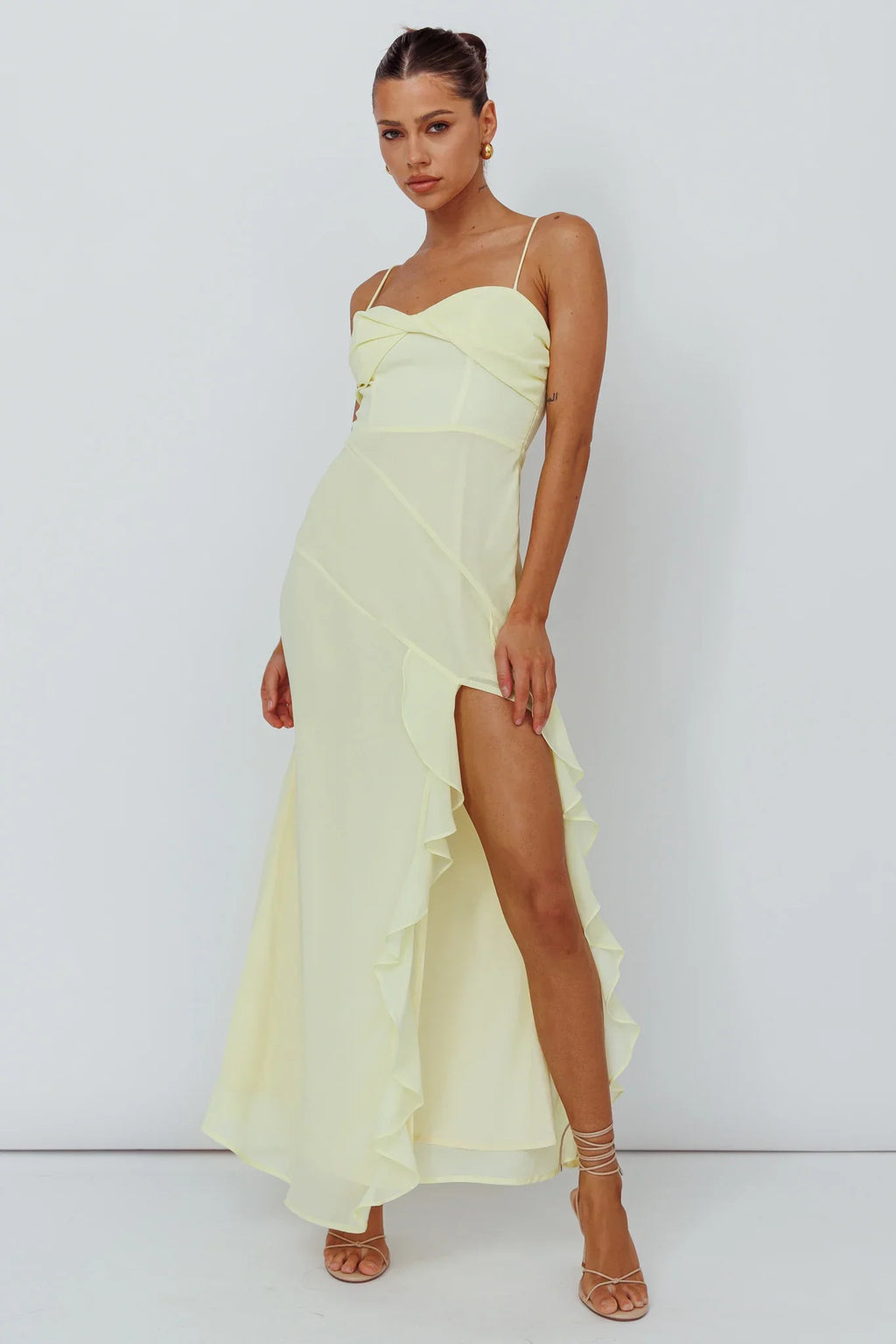 Jayna Ruffle Trim Split Dress Yellow