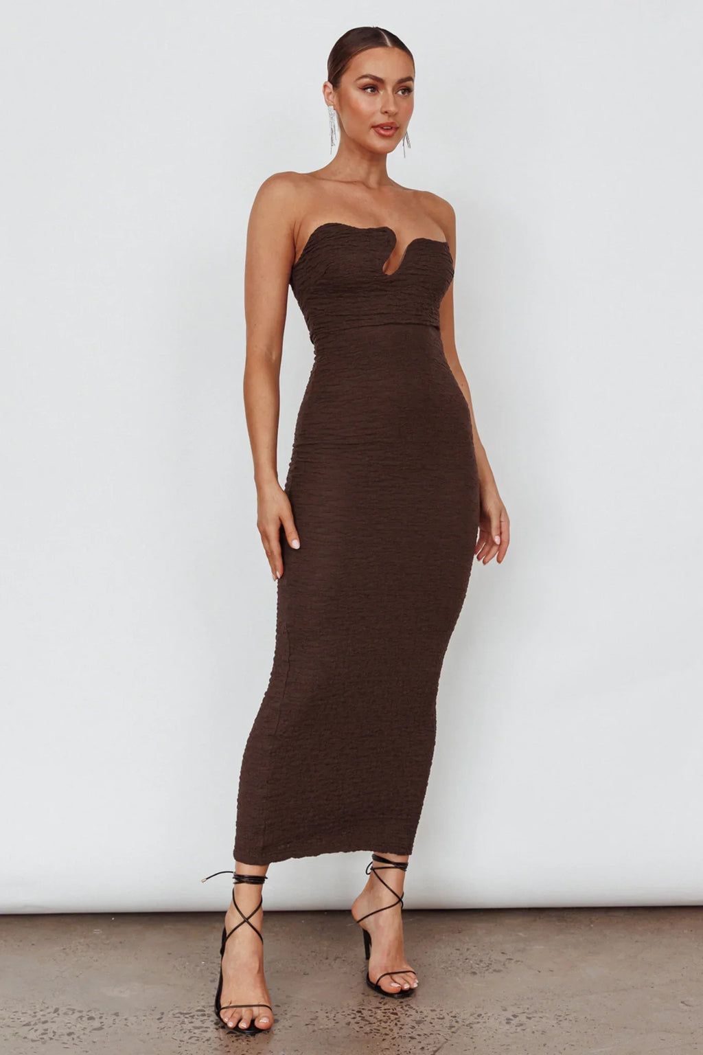Horizon Strapless Textured Midi Dress Chocolate