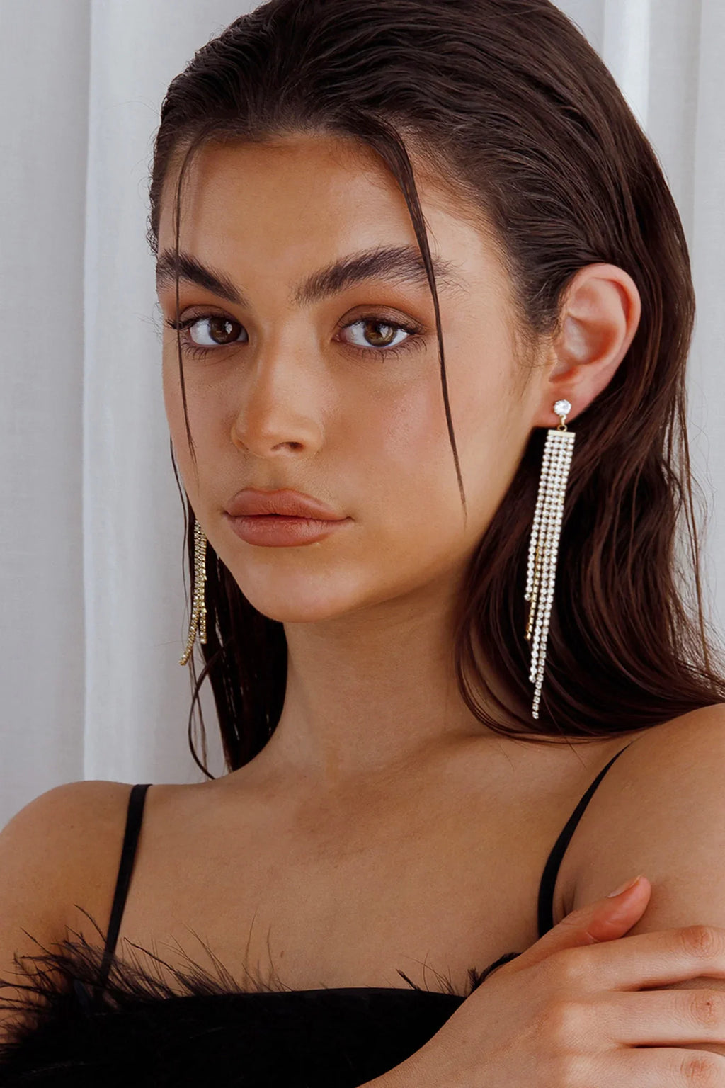 Jamie Tiered Diamante Strand Earrings Gold