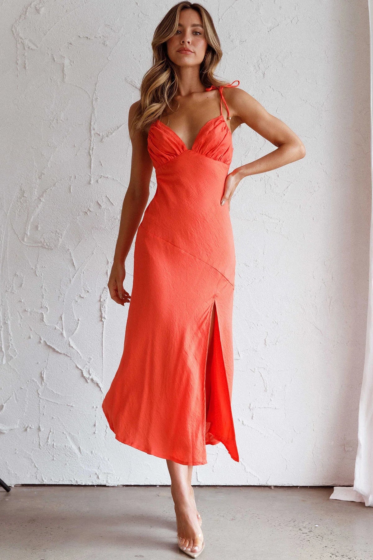 Clovelly Tied Shoulder Midi Dress Orange