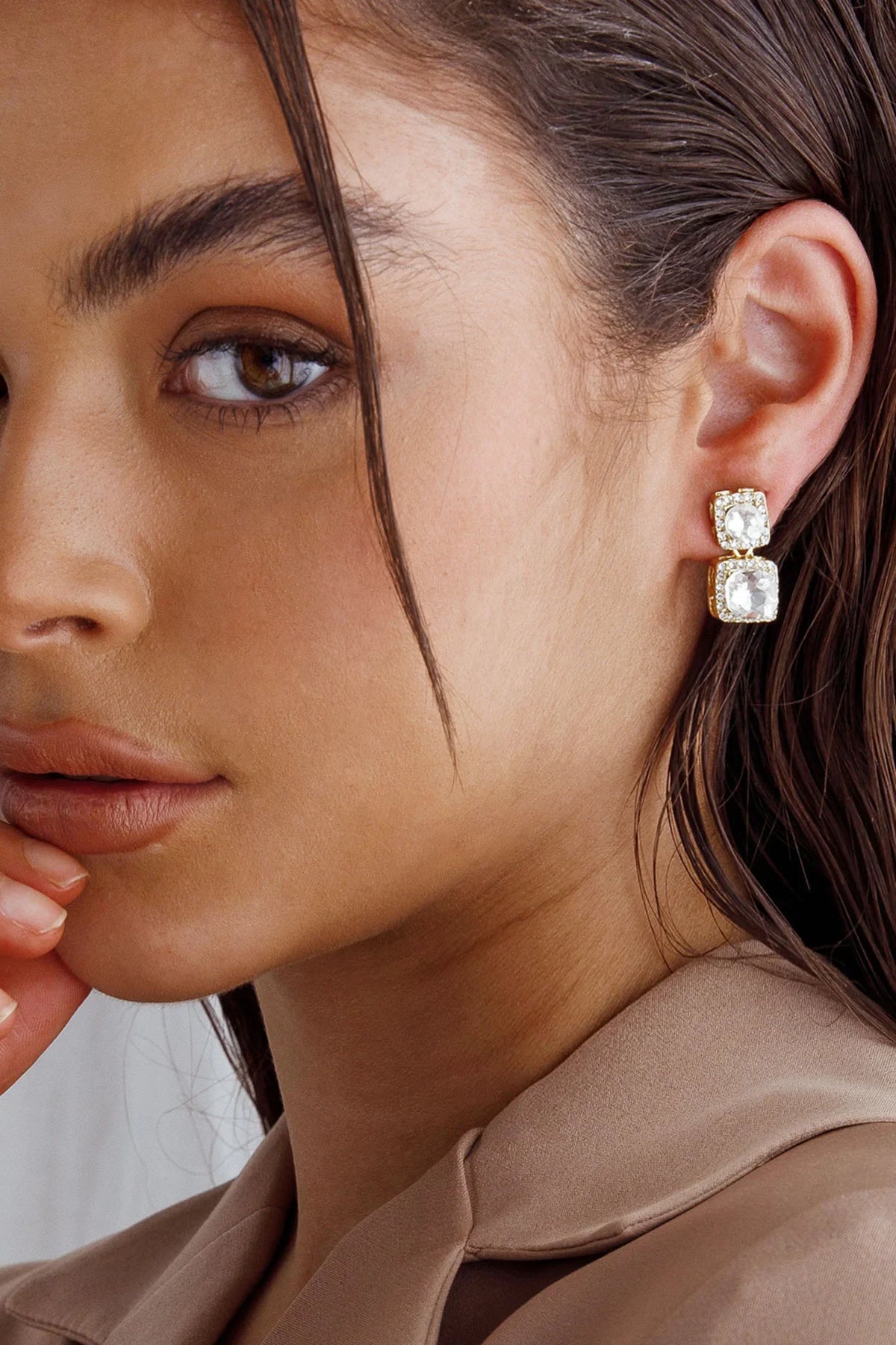 Megan Diamante Square Drop Earrings Gold