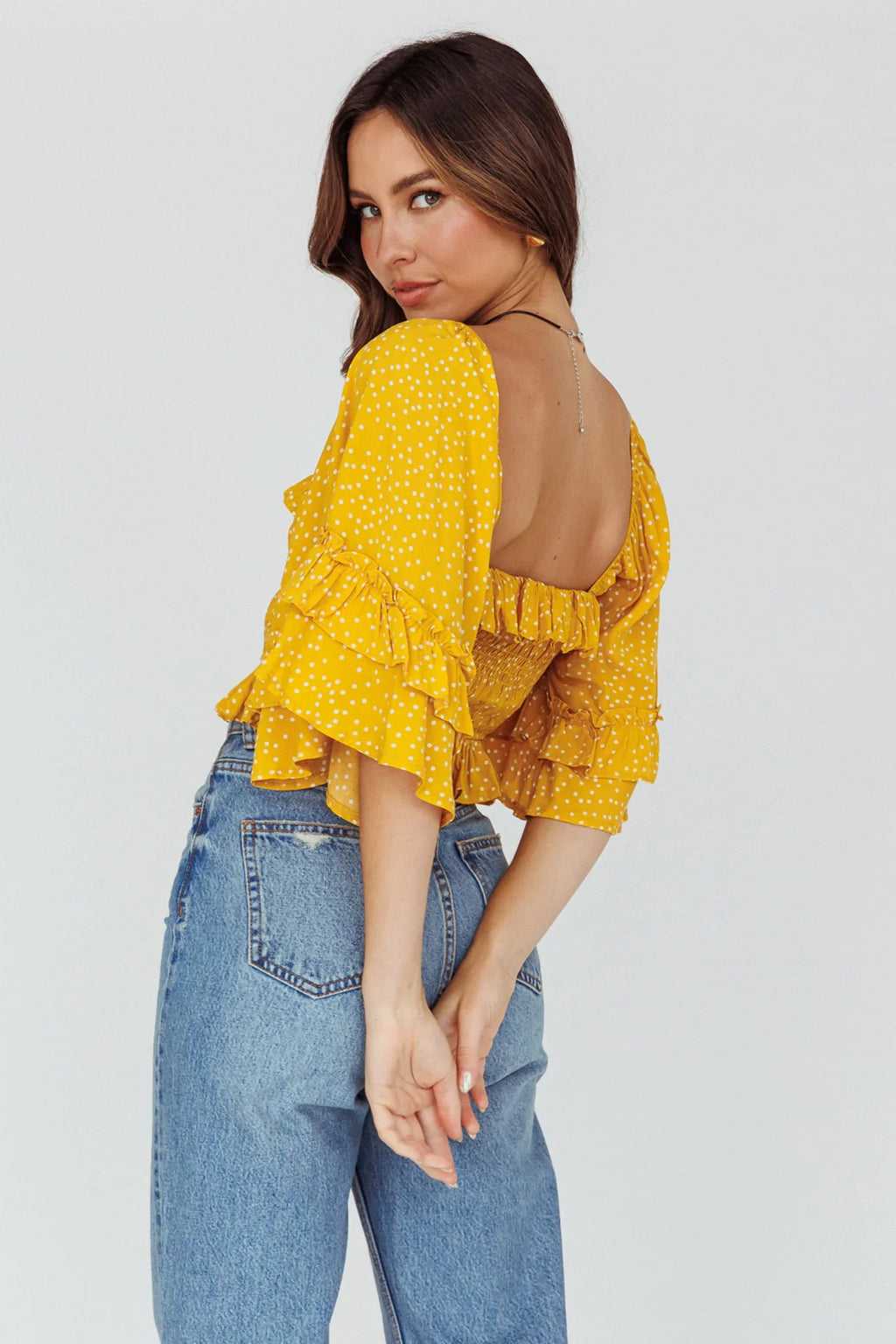 Boardwalk Bell Sleeve Crop Top Spotty Mustard