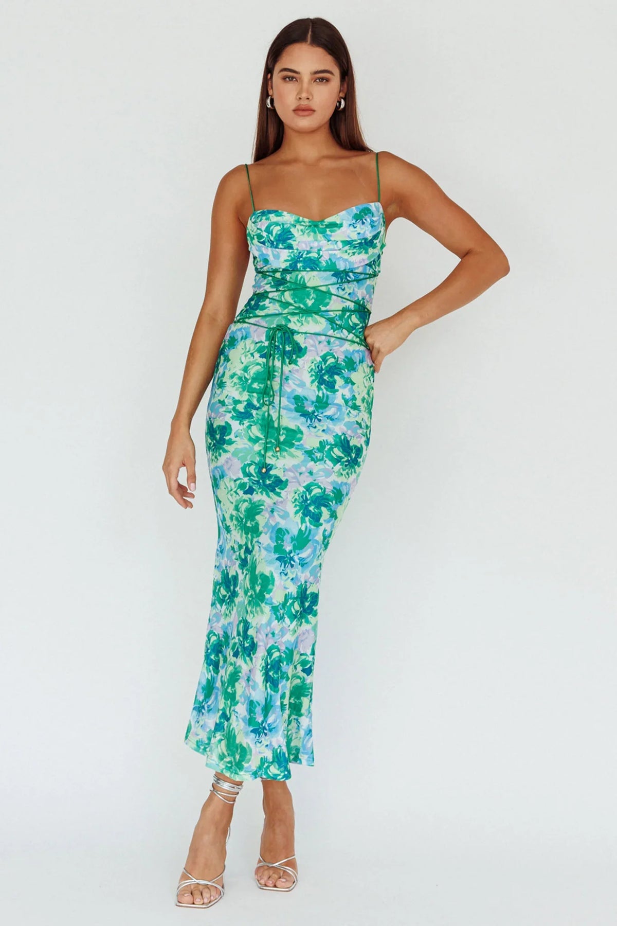 Teava Laced Waist Midi Dress Floral Green