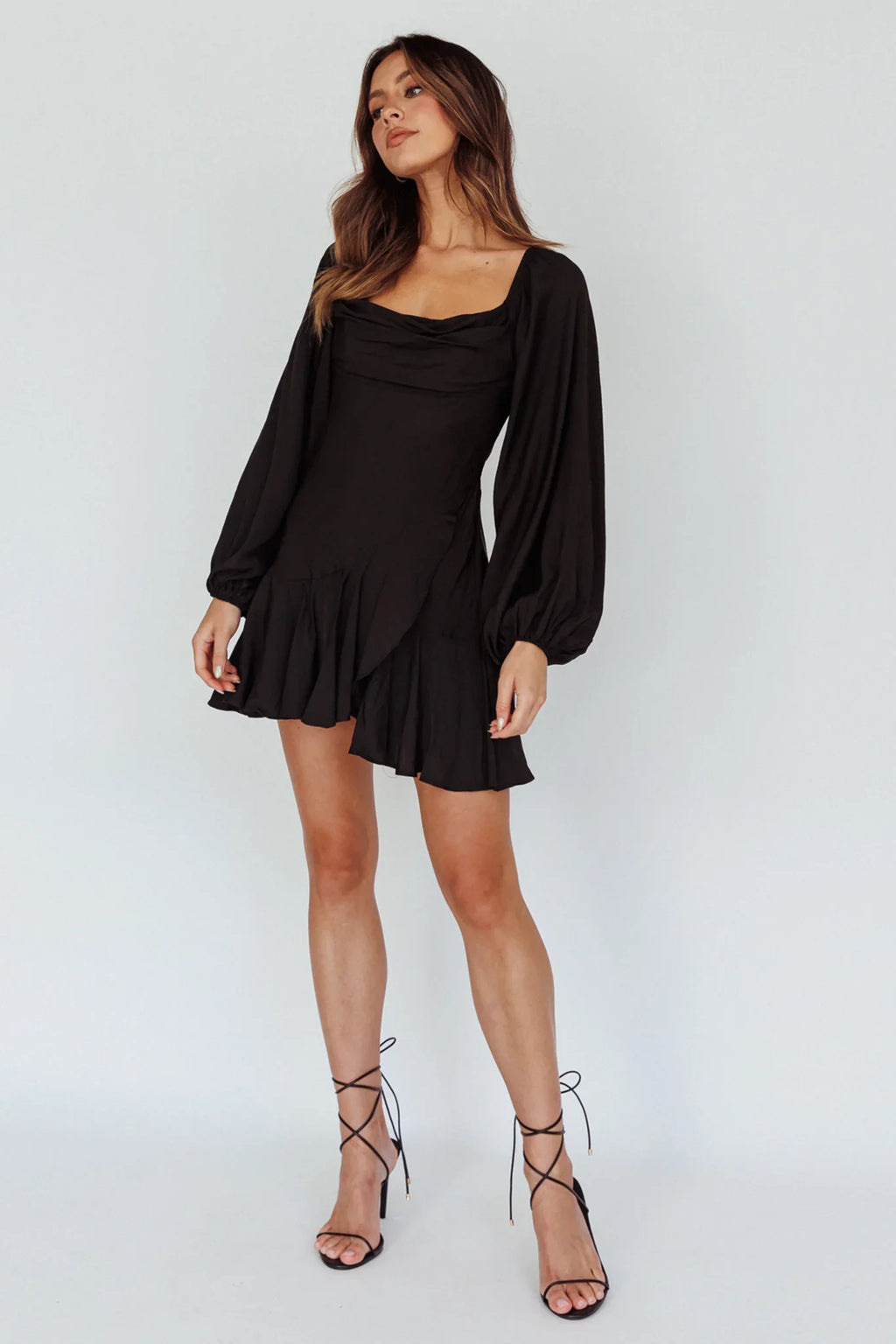 Beaujolais Long Sleeve Cowl Neckline Ruffle Satin Mini Dress Black