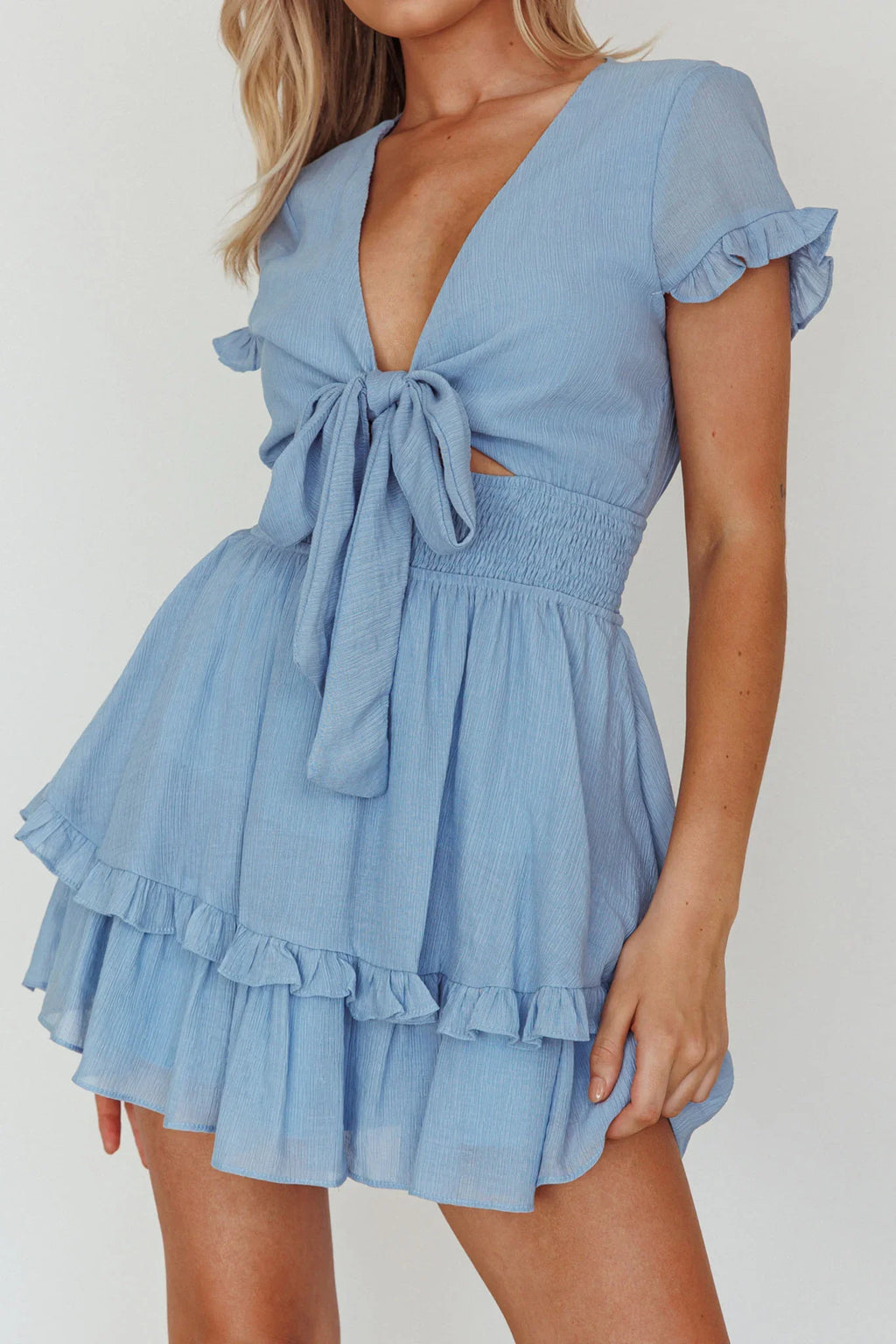 Anthea Bow-Tie Short Sleeve Frill Dress Cerulean