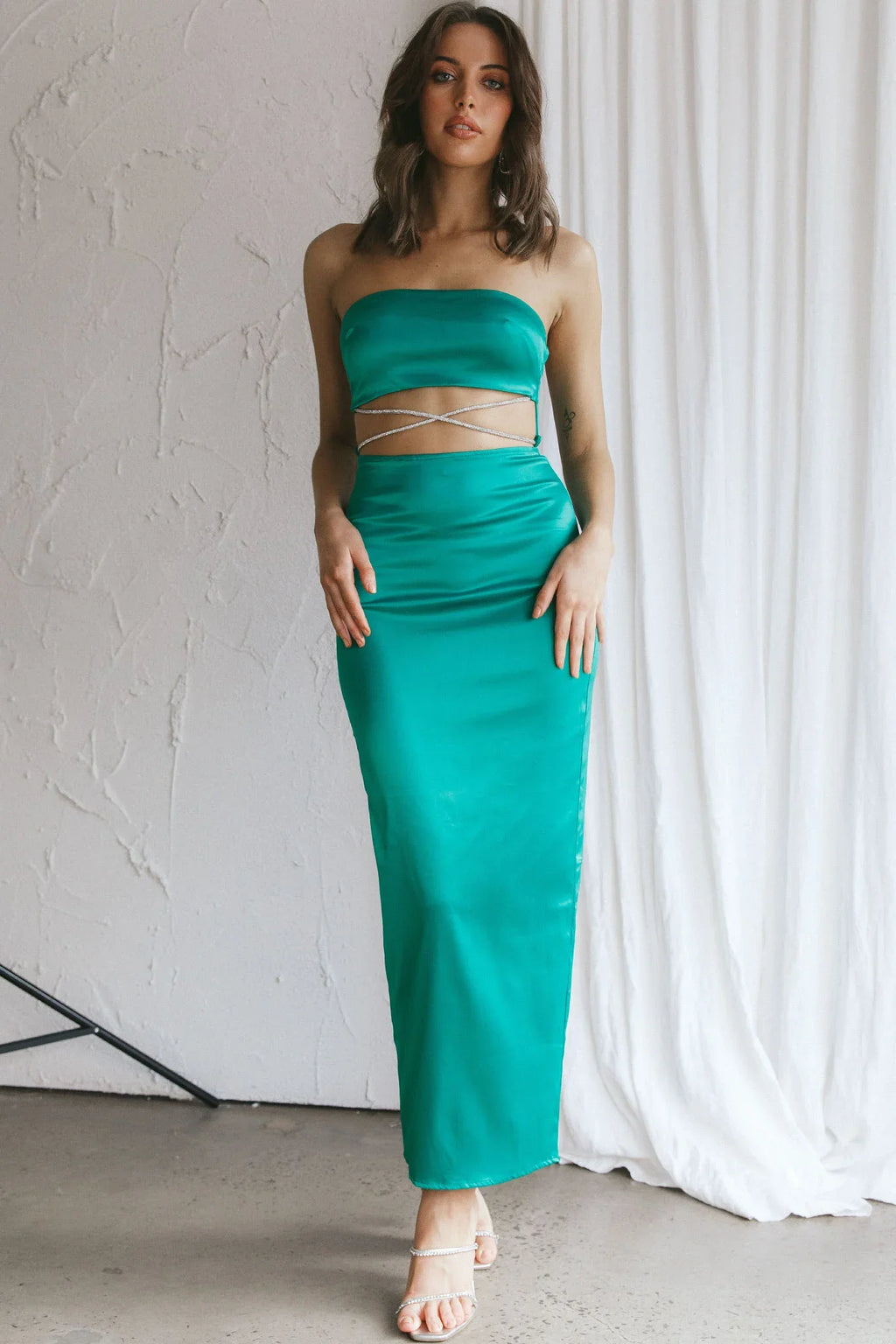 Nohemi Strapless Diamante Maxi Dress Green