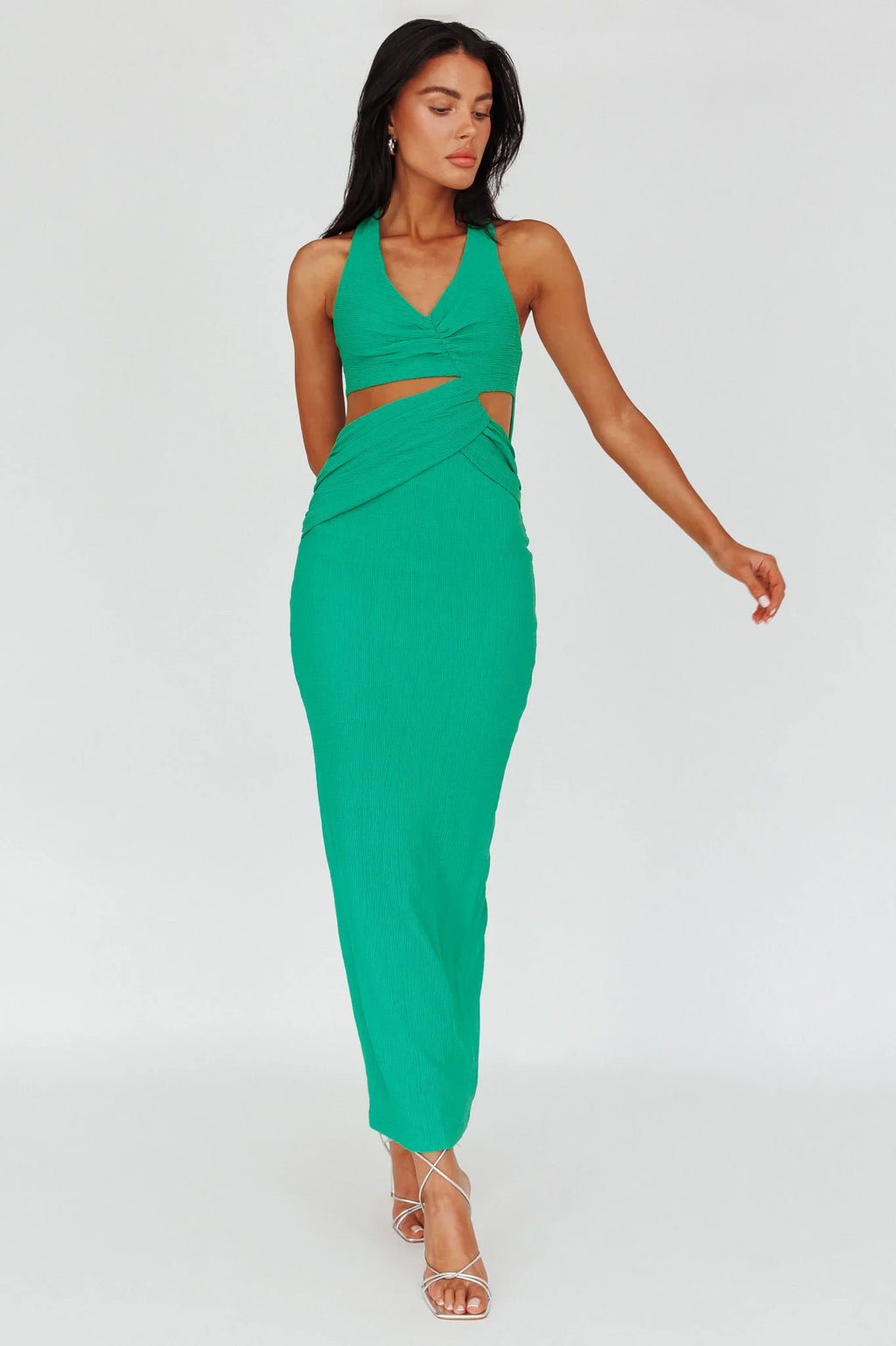 Giulia Cut-out Ribbed Halterneck Midi Dress Green