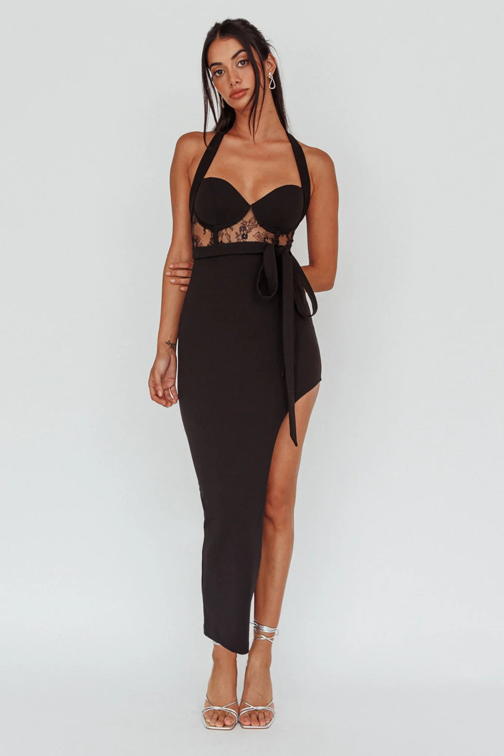 Jonetta Lace Insert Halterneck Midi Dress Black