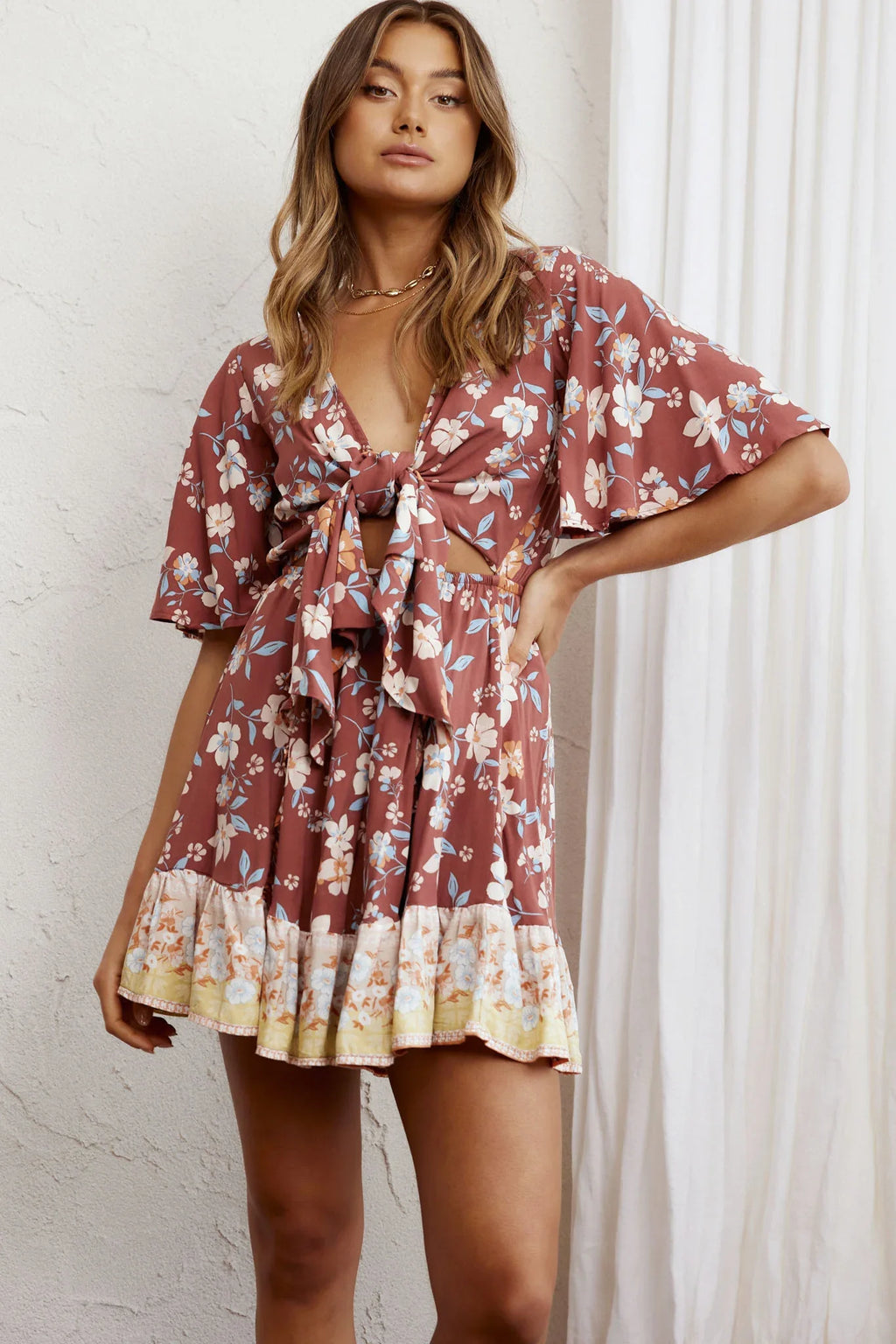 Suva Tie-Knot Bust A-Line Dress Floral Chocolate
