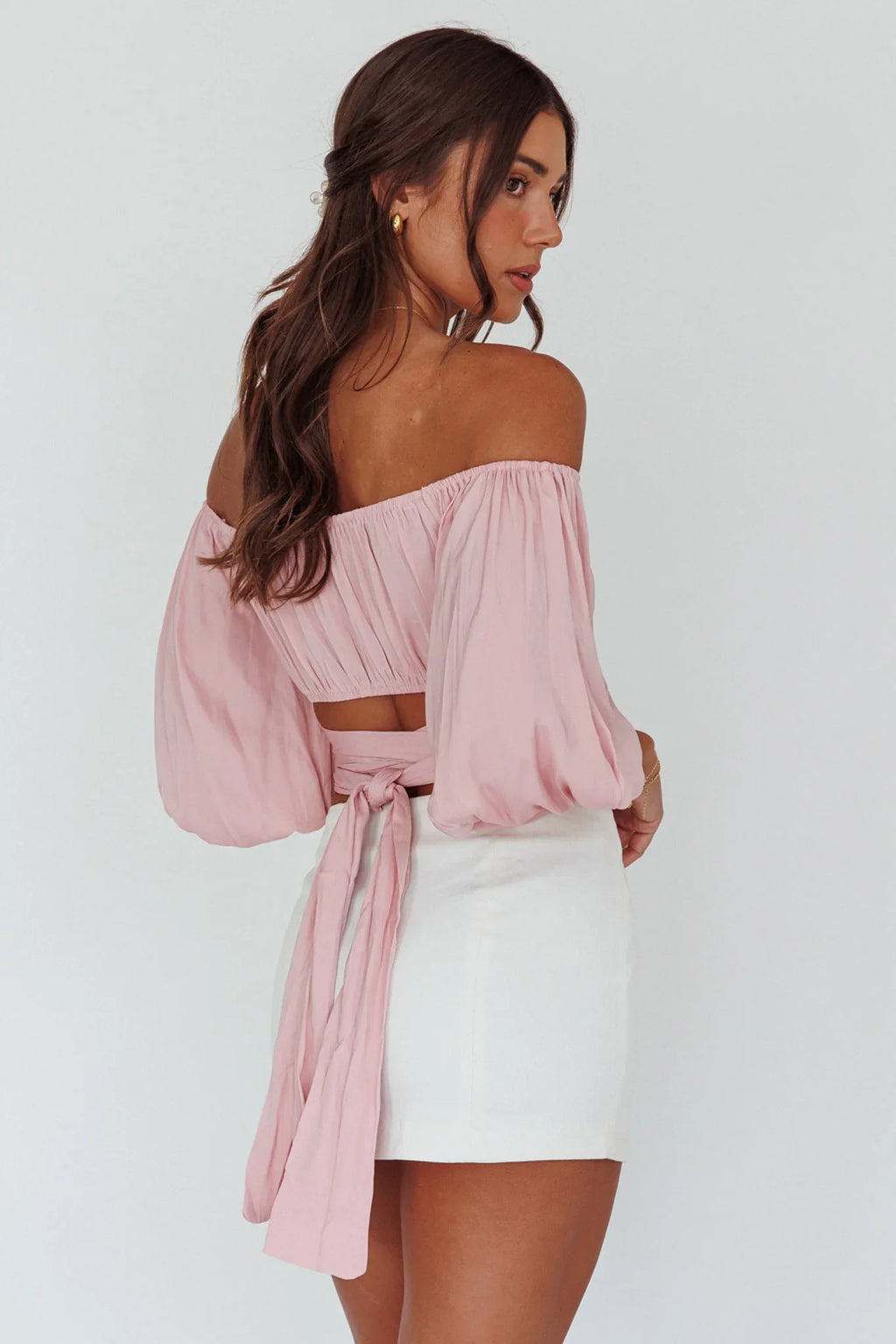 Linka Off-Shoulder Half Sleeve Tie-Back Crop Top Blush