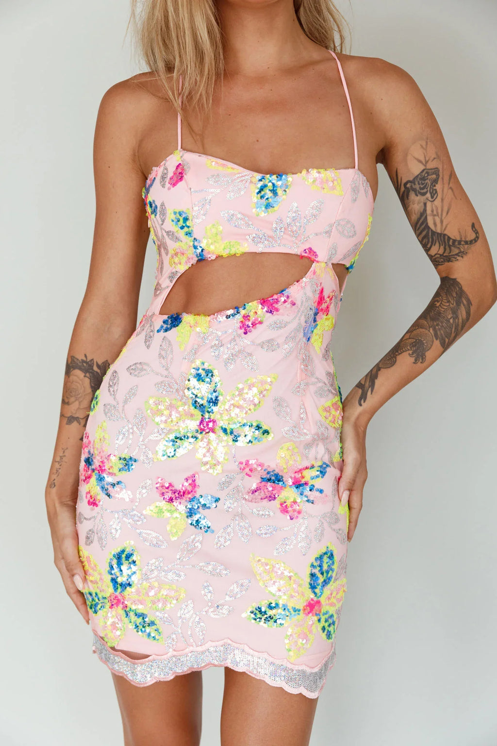 Anu Cut-Out Laced Back Sequin Dress Pink