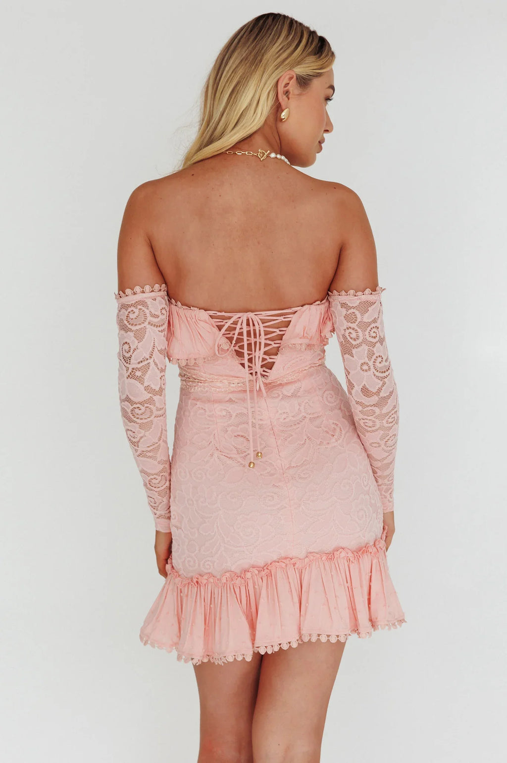 Mae Long Sleeve Sweetheart Crochet Lace Dress Blush