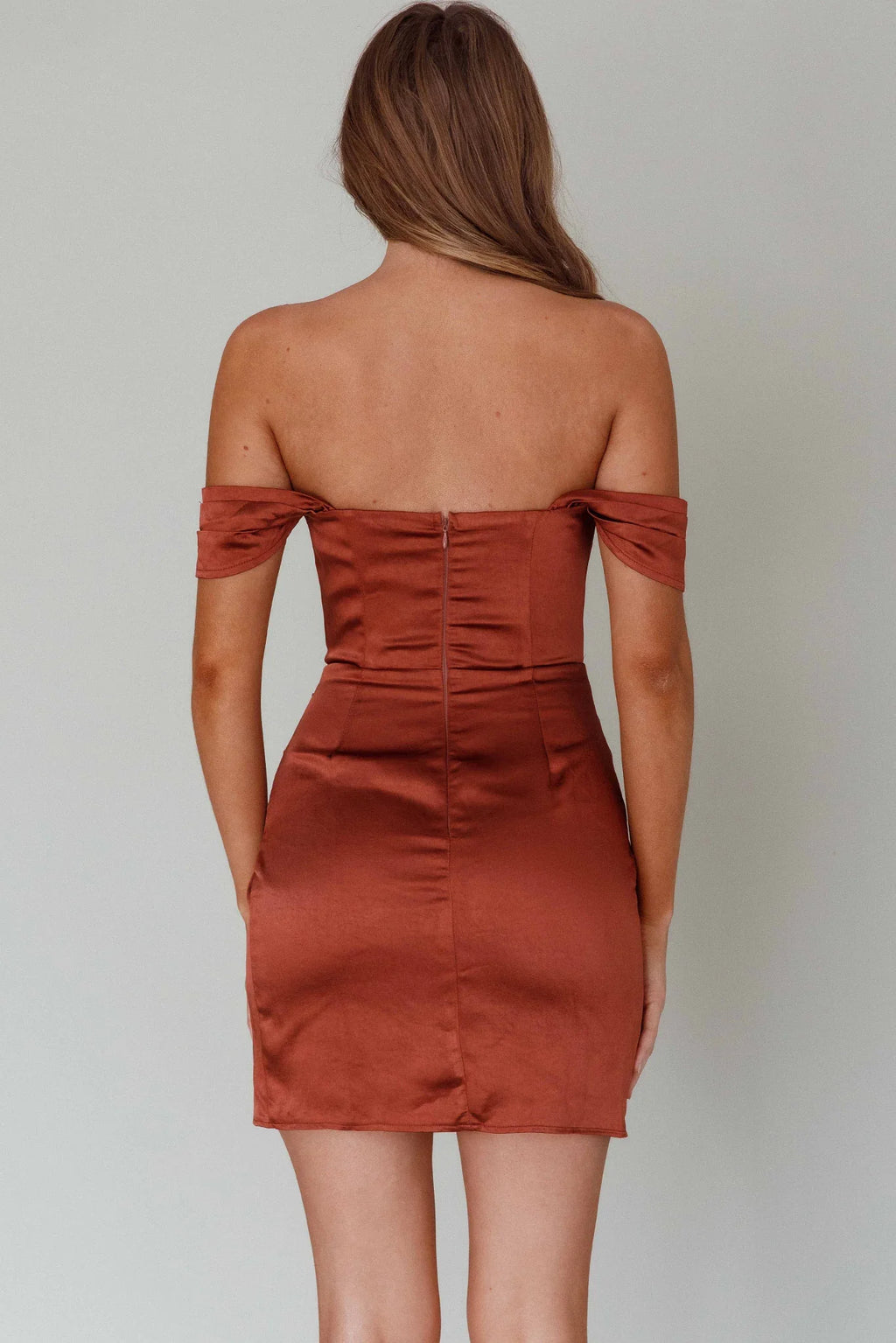 Night To Remember Off-Shoulder Satin Dress Chocolate