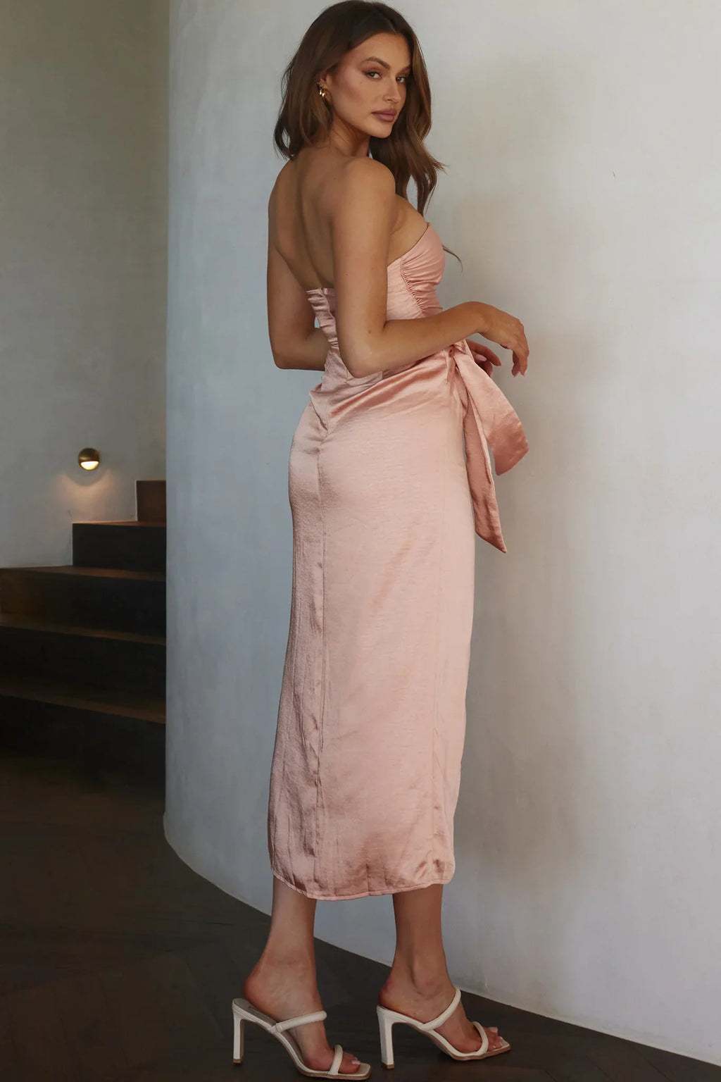 Gianna Strapless Waist Tie Midi Dress Peach