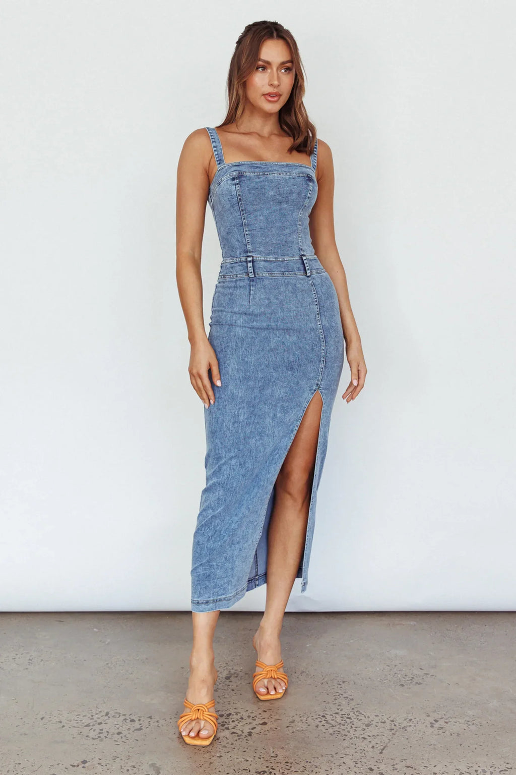 Onyx Thigh Split Midi Dress Denim