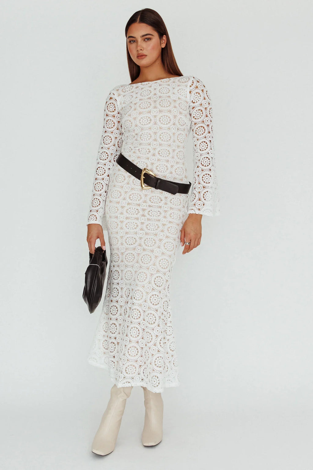Kasia Long Sleeve Crochet Maxi Dress White