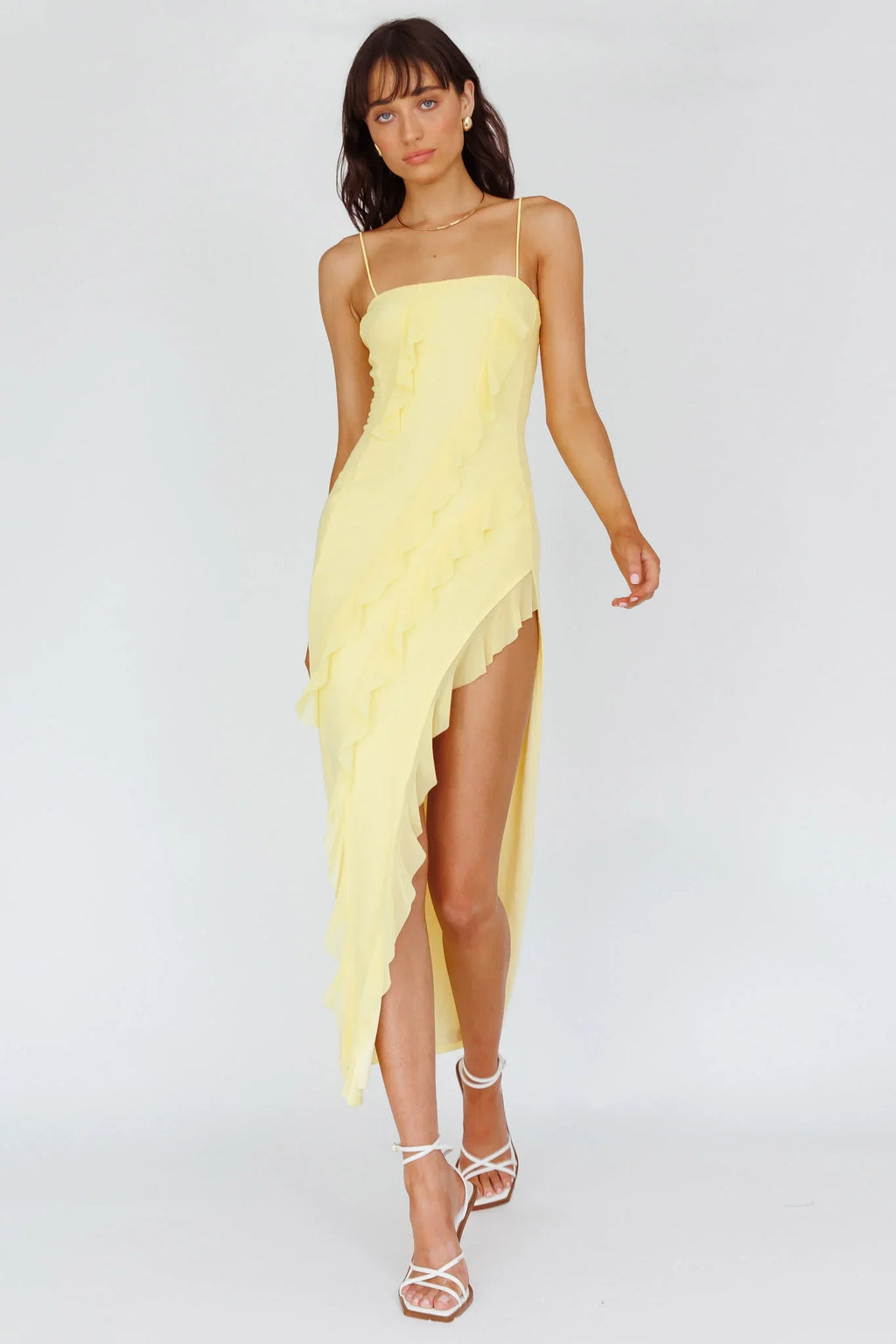 Catriona Split Ruffle Midi Dress Lemon