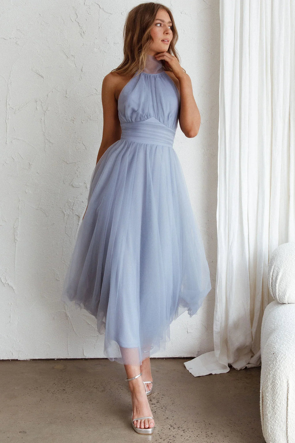 Andria Halterneck Tulle Midi Dress Blue