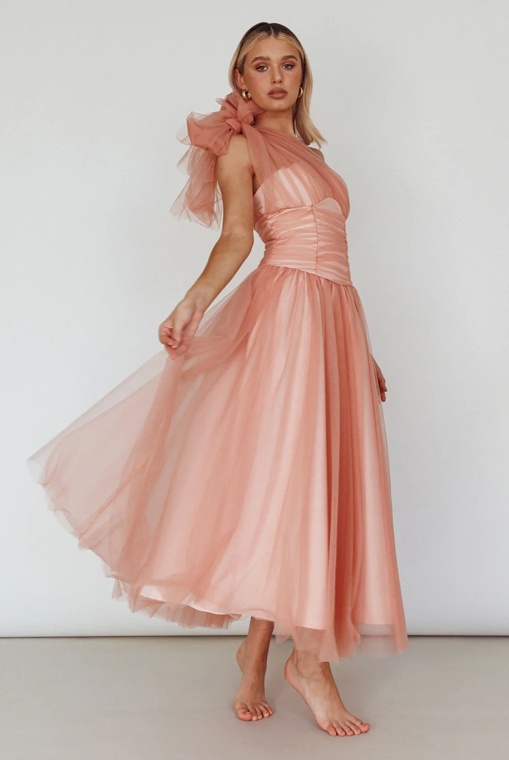 Let's Elope Bow Shoulder Midi Dress Lipstick