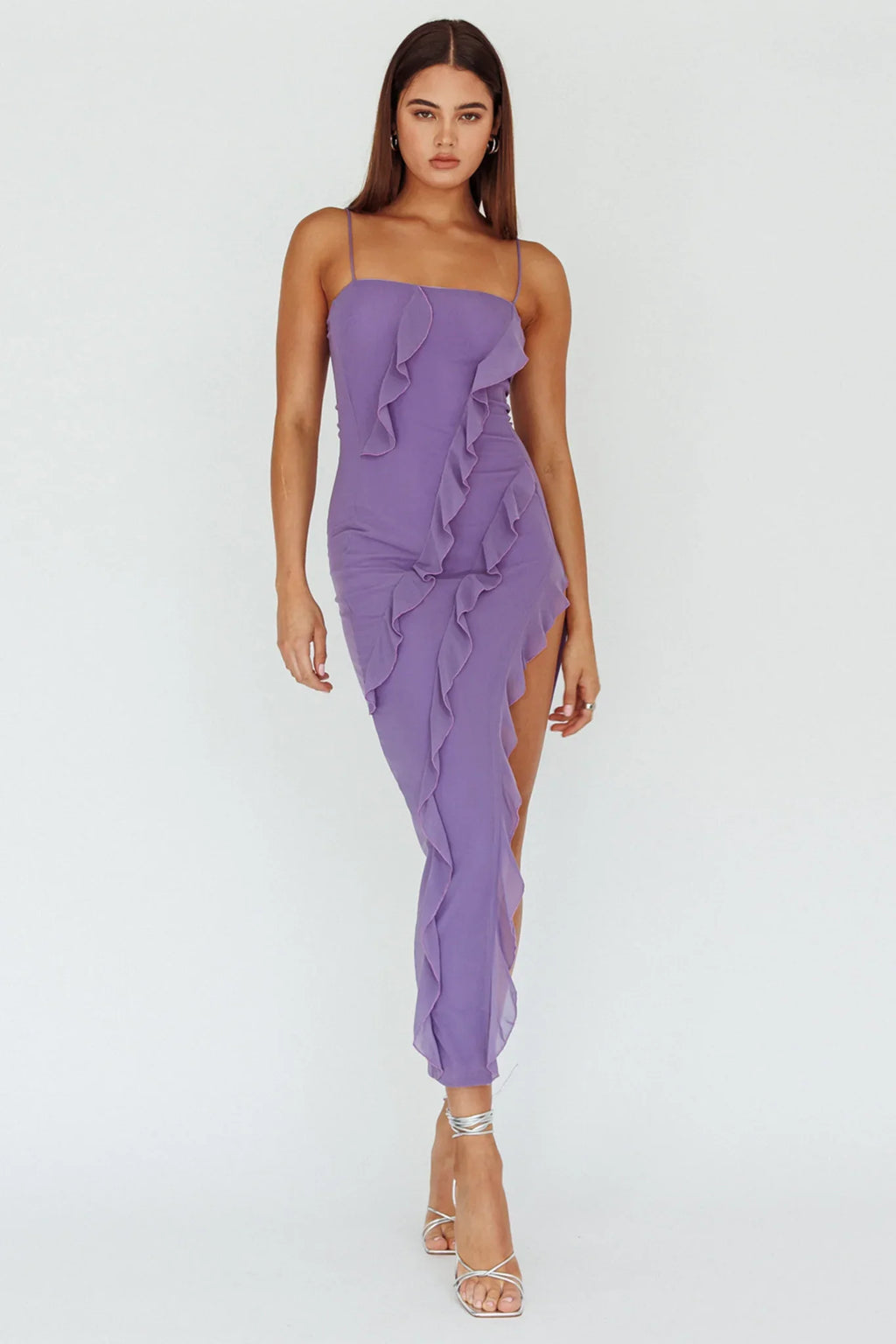 Catriona Split Ruffle Midi Dress Mauve