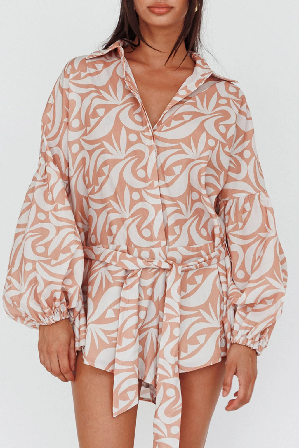 Daytona Beach Long Sleeve Shirt Romper Print Peach