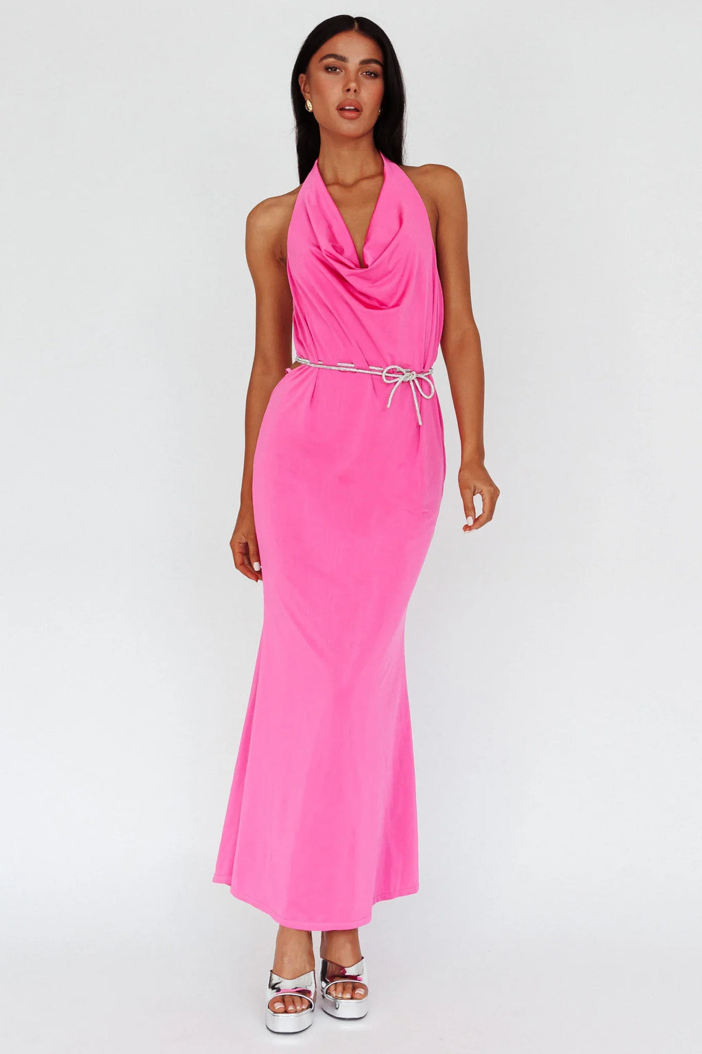 Emmi Cowl Neck Diamante Rope Dress Magenta