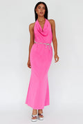 Emmi Cowl Neck Diamante Rope Dress Magenta