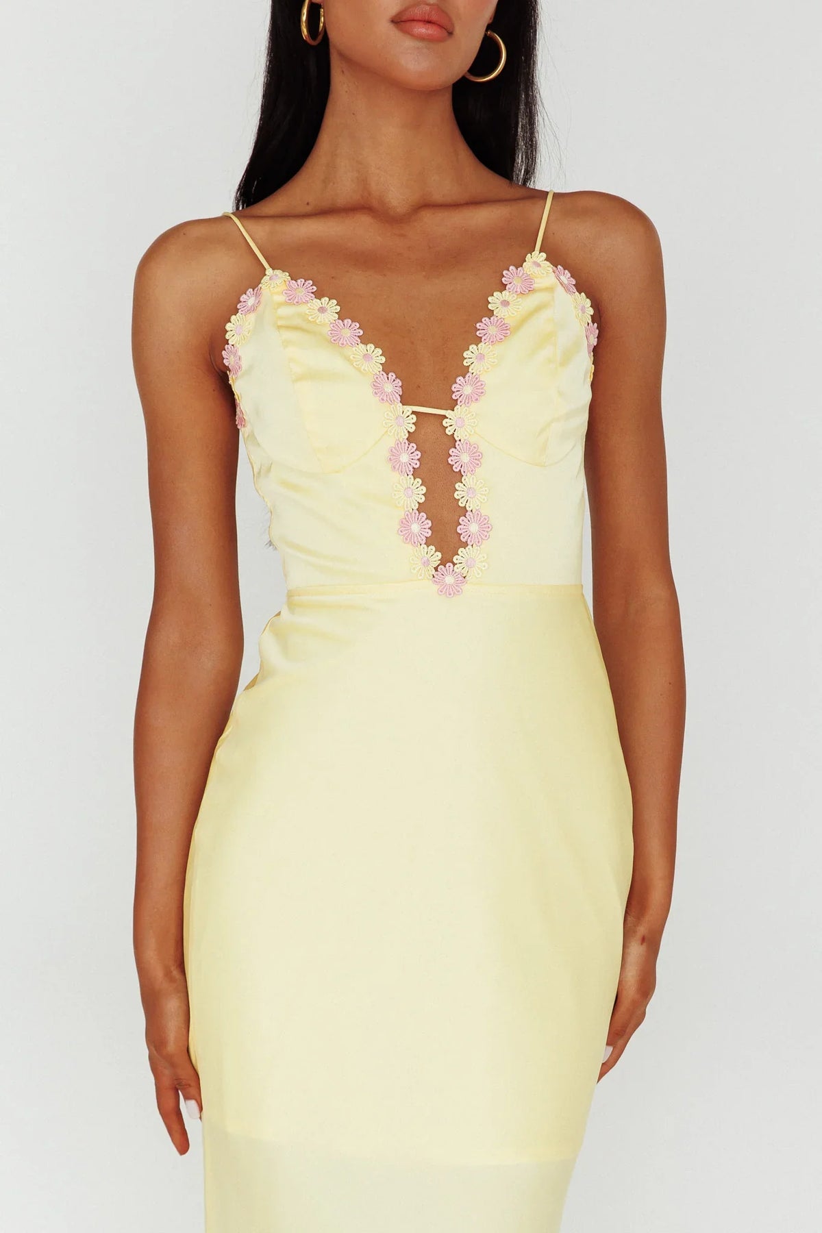 Honeysuckle Floral Neckline Midi Dress Lemon