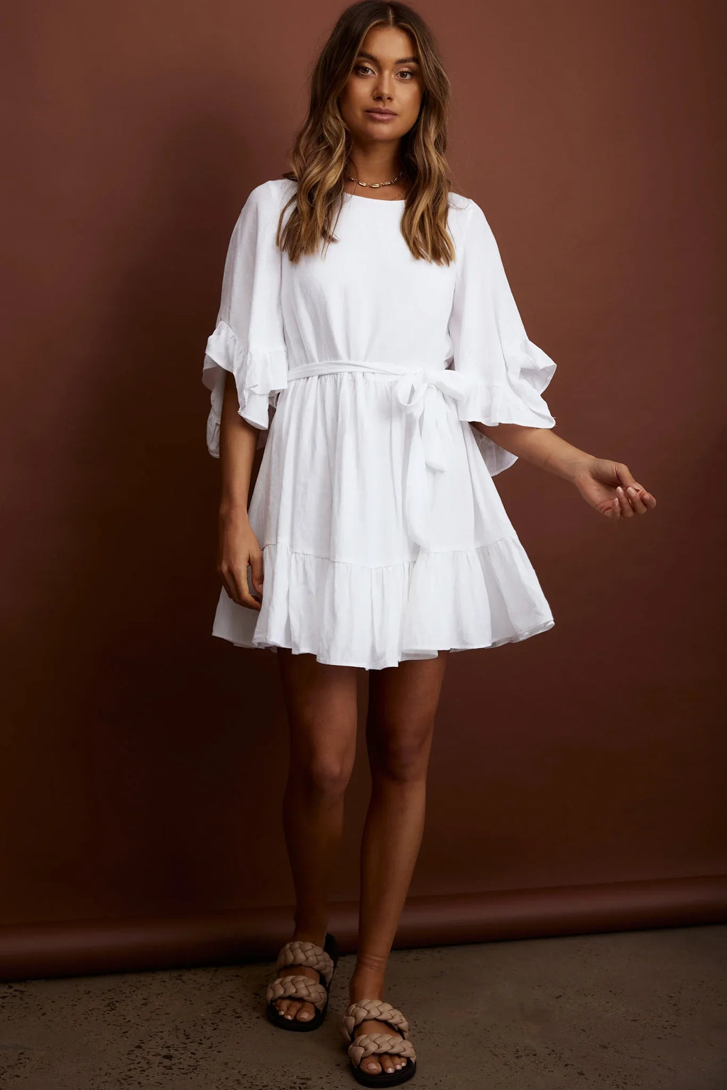 Joni Batwing Sleeve Waist Tie Dress Ruffle White