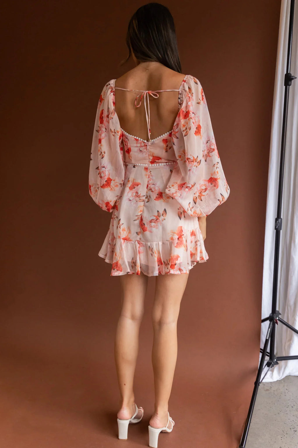 Catch Feelings Sweetheart Neckline Dot Trim Dress Rose Print Orange
