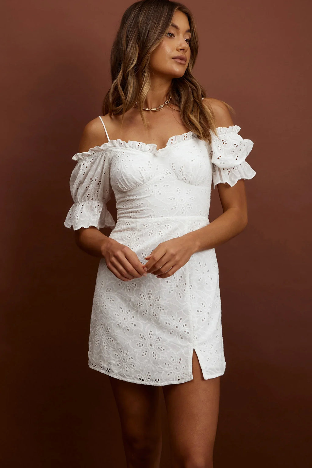 Toluca Puff Sleeve Frill Trim Eyelet Dress White