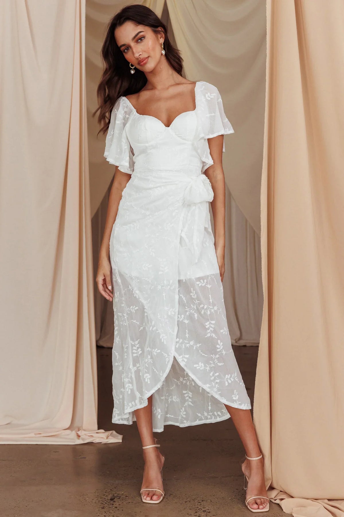 Aphrodite Molded Bust Angel Sleeve Midi Dress Floral White