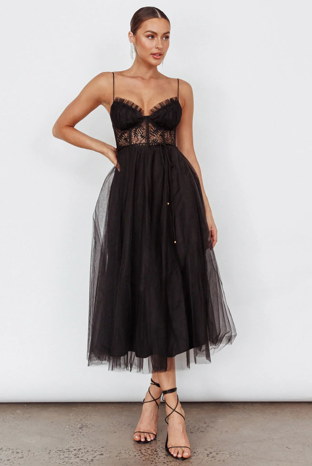 Trophy Lace Bodice Mesh Midi Dress Black
