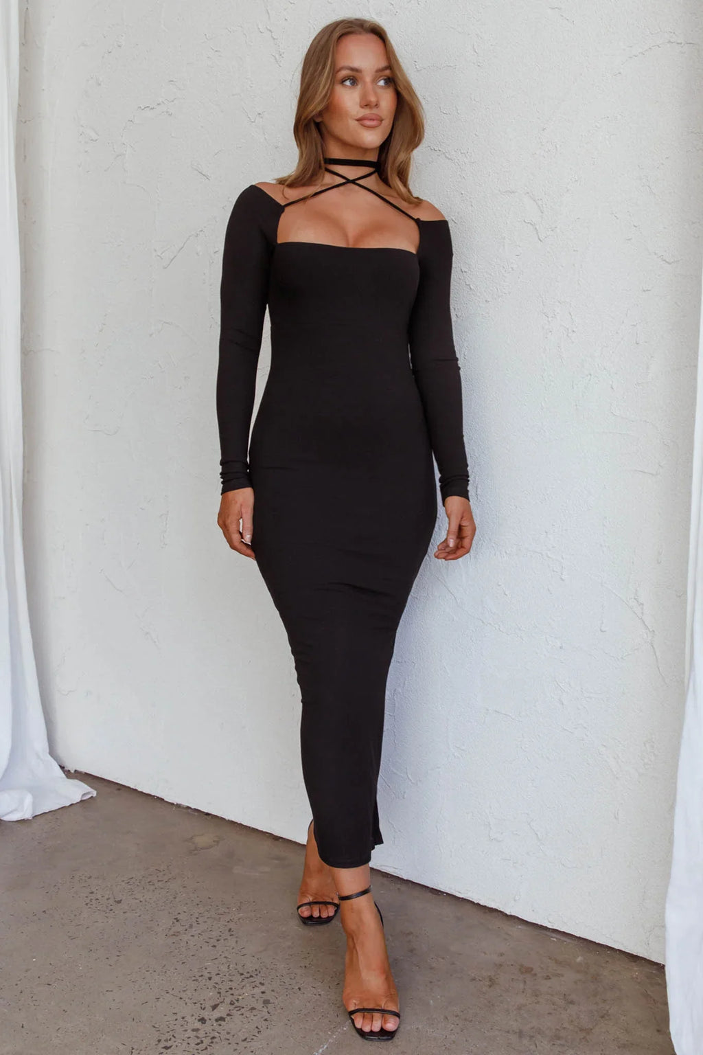 News Flash Long Sleeve Midi Dress Black