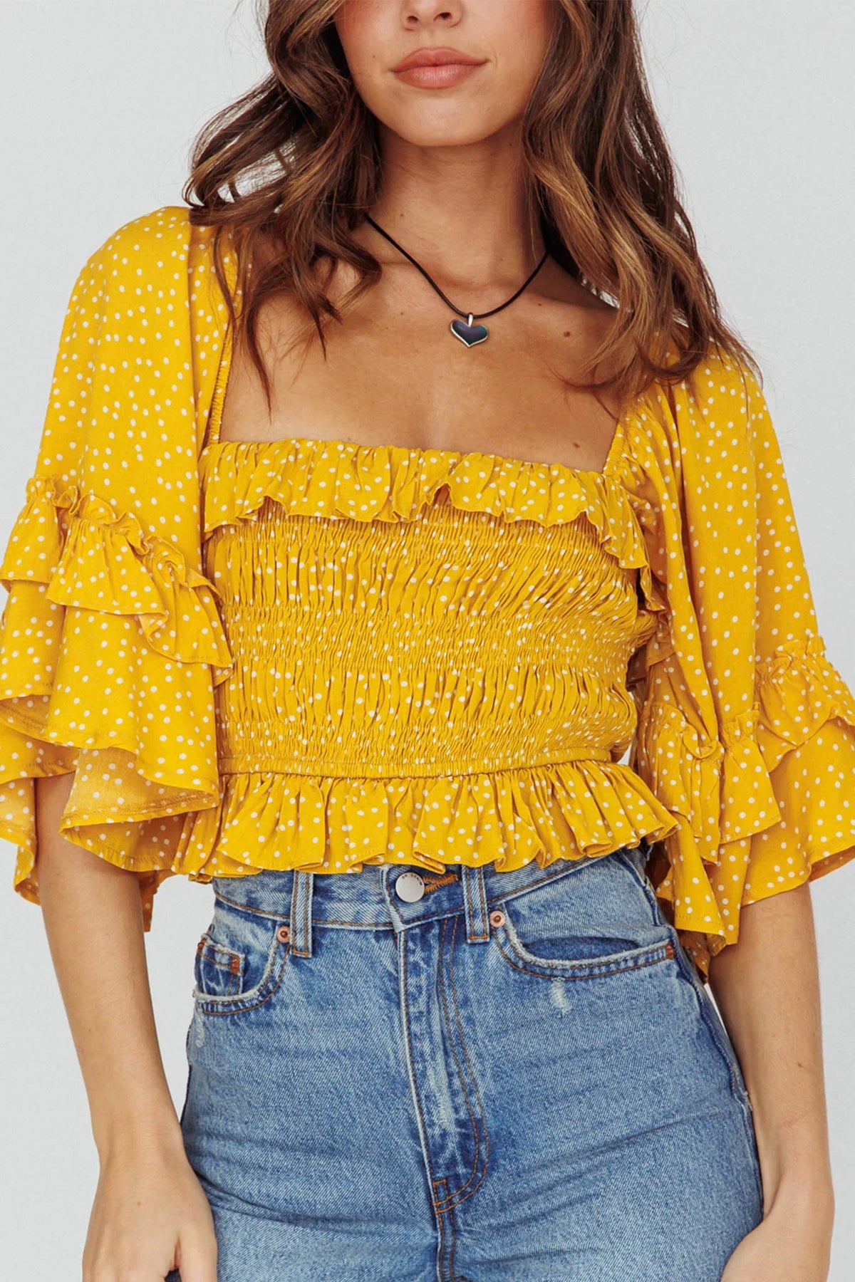 Boardwalk Bell Sleeve Crop Top Spotty Mustard