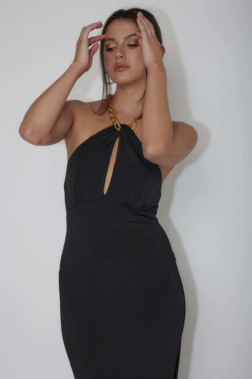 Slow Dance Chain Halter Midi Dress Black