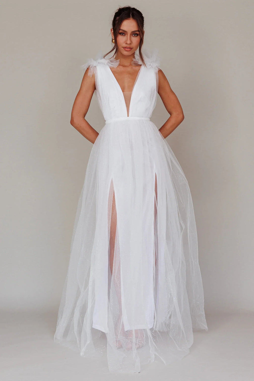 Ludivine Shoulder Accent Mesh Midi Dress Glitter White