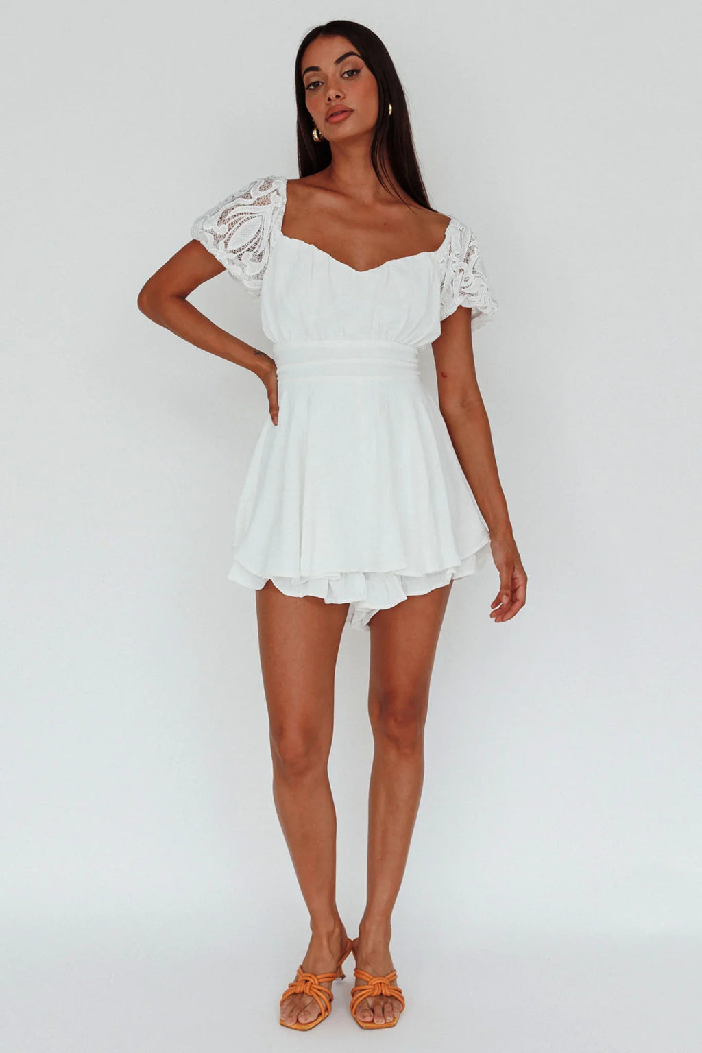 Lianah Lace Sleeve Tied Back Romper White