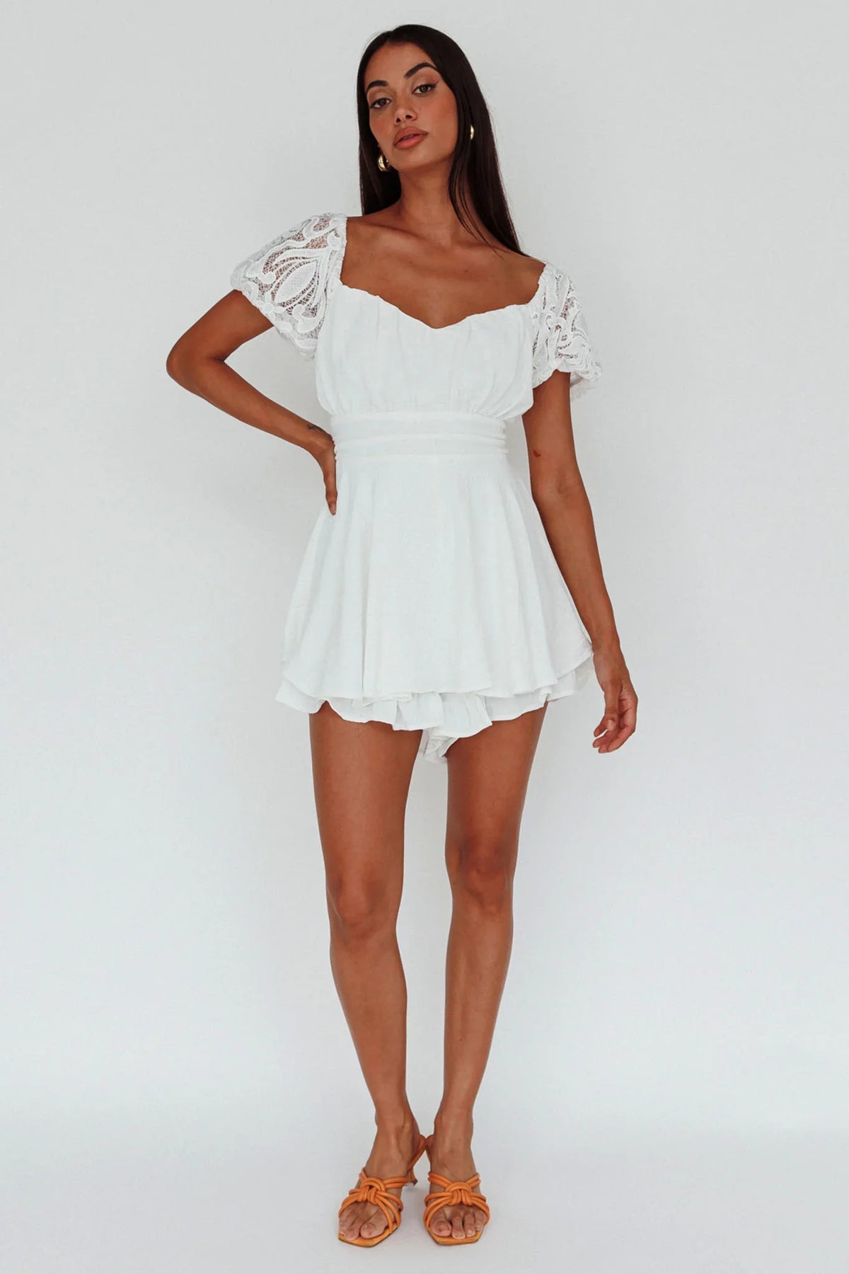 Lianah Lace Sleeve Tied Back Romper White