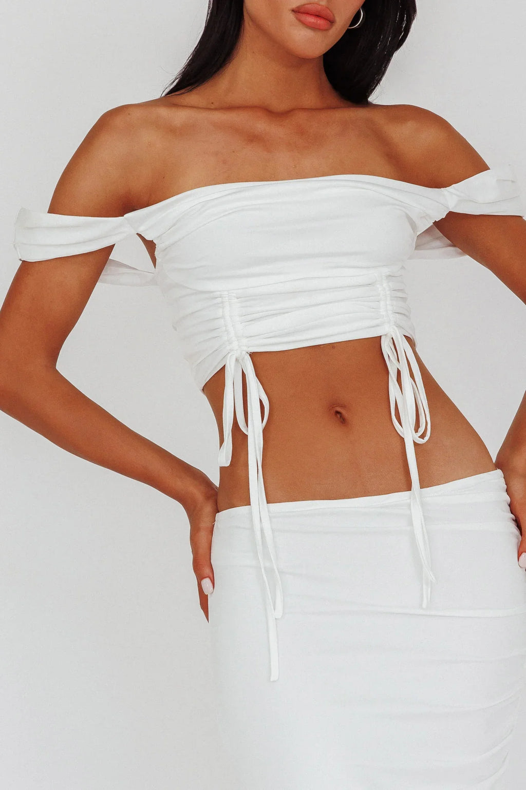 Headliner Drawstring Ruched  Crop Top White